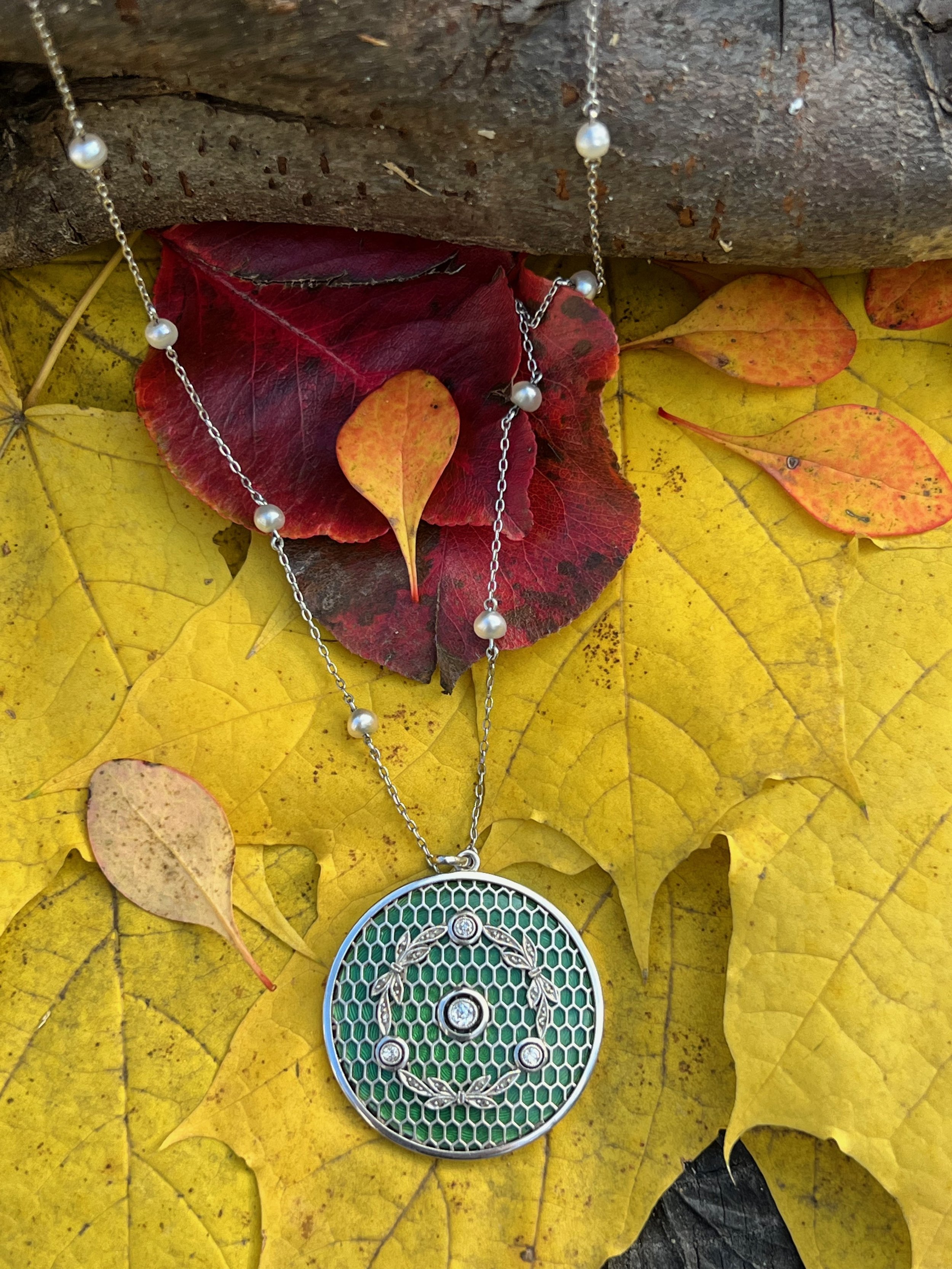 Art Deco Filigree Diamond and Enamel Pendant