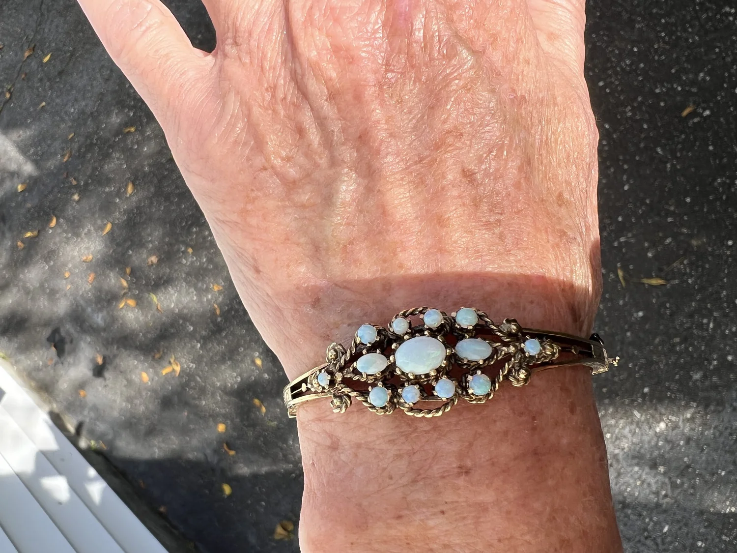 14K Yellow Gold Opal Bangle Bracelet — Antique Jewelry NYC