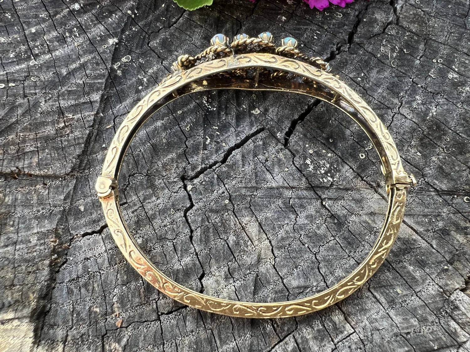 14K Yellow Gold Opal Bangle Bracelet — Antique Jewelry NYC