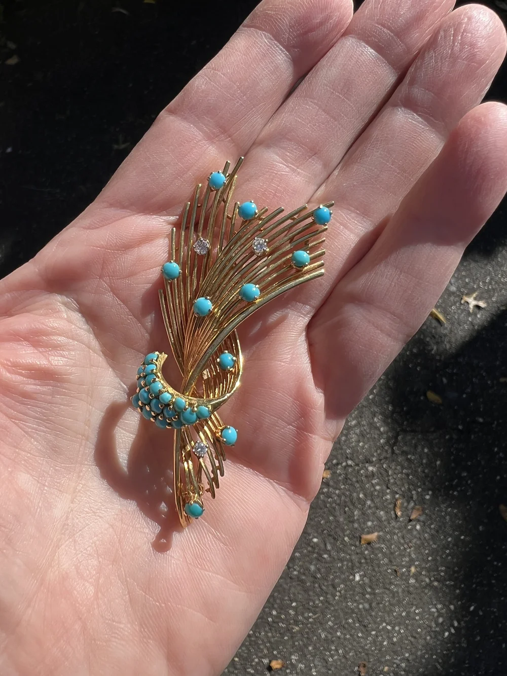 Broche Vintage Dorée – Plumes Et Feuilles En Strass, Imitation Turquoise Bleue