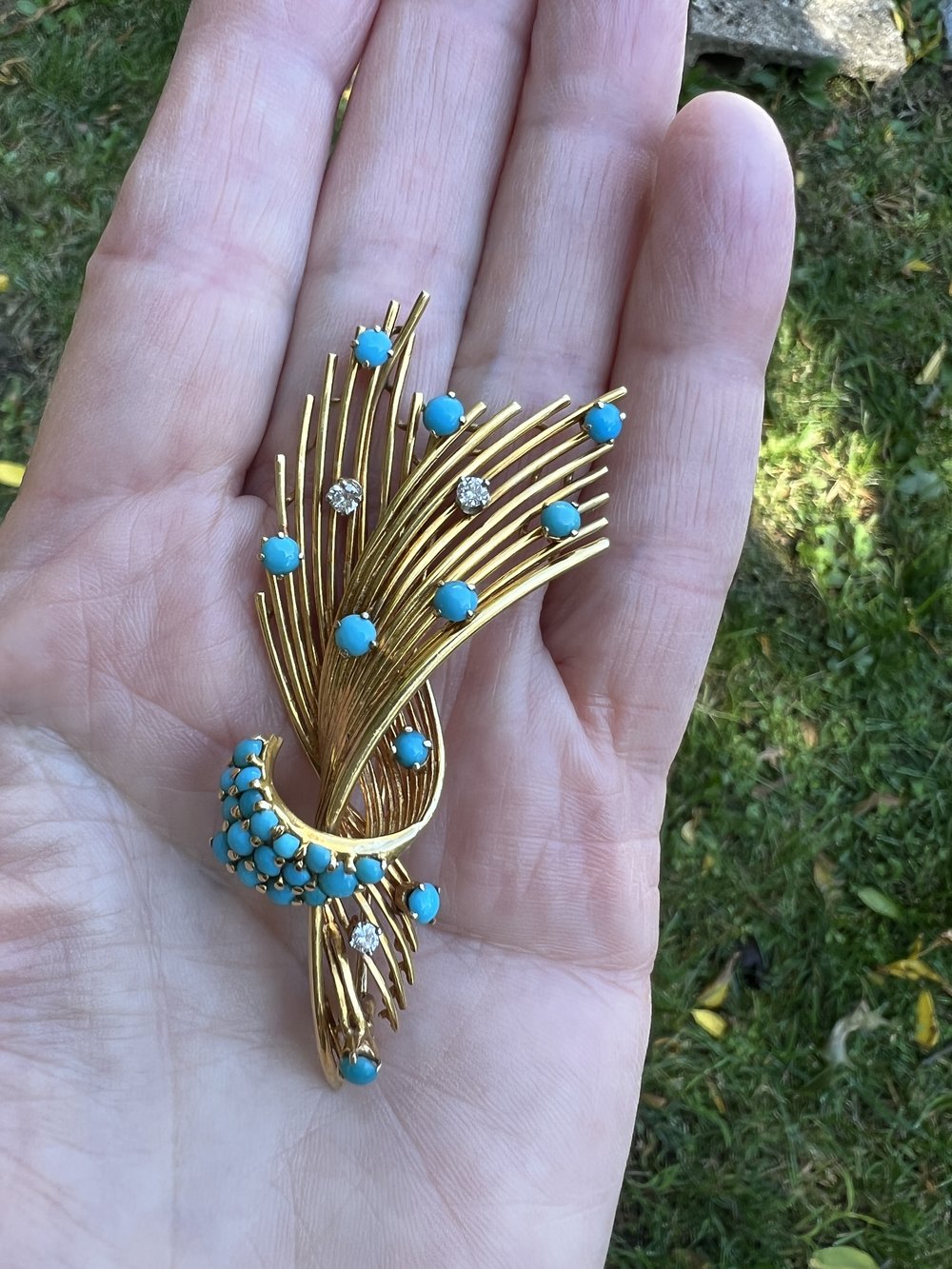 18K Yellow Gold Turquoise and Diamond Leaf Brooch — Antique Jewelry NYC