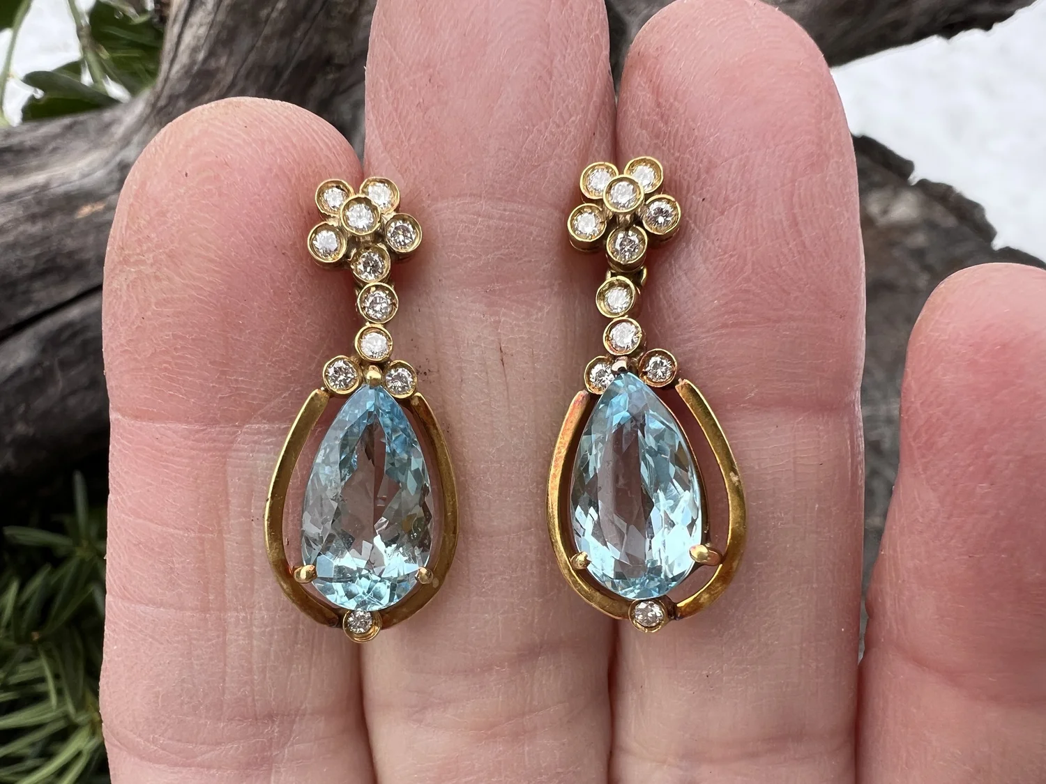 14k Yellow Gold, Aquamarine and Diamond Dangle Earrings — Antique