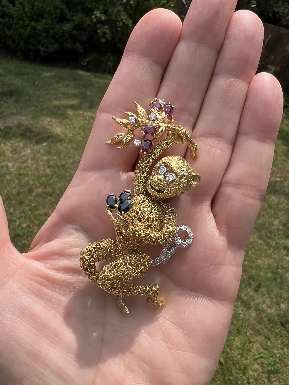 18K Yellow Gold Large Gem Set Monkey Brooch — Antique