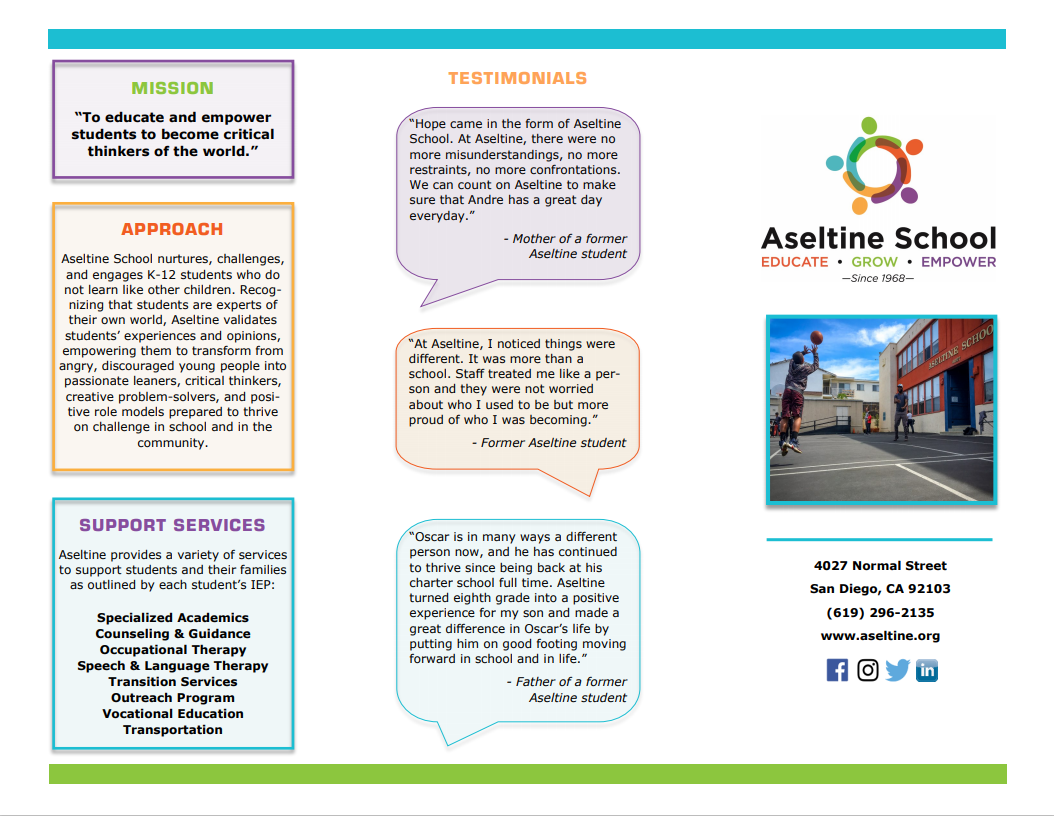  Designed + crafted copy for Aseltine School general information pamphlet (front).  