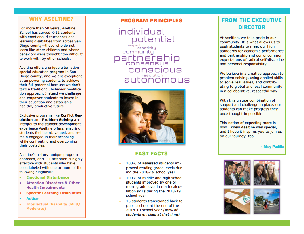  Designed + crafted copy for Aseltine School general information pamphlet (back).  