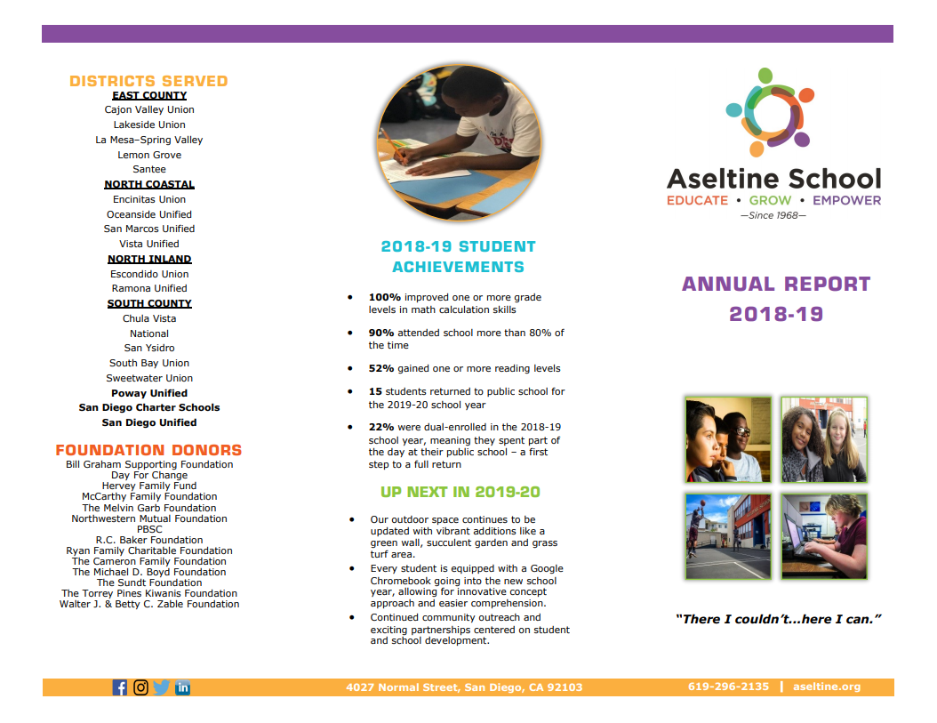  Designed + crafted copy for Aseltine School annual report (front).  