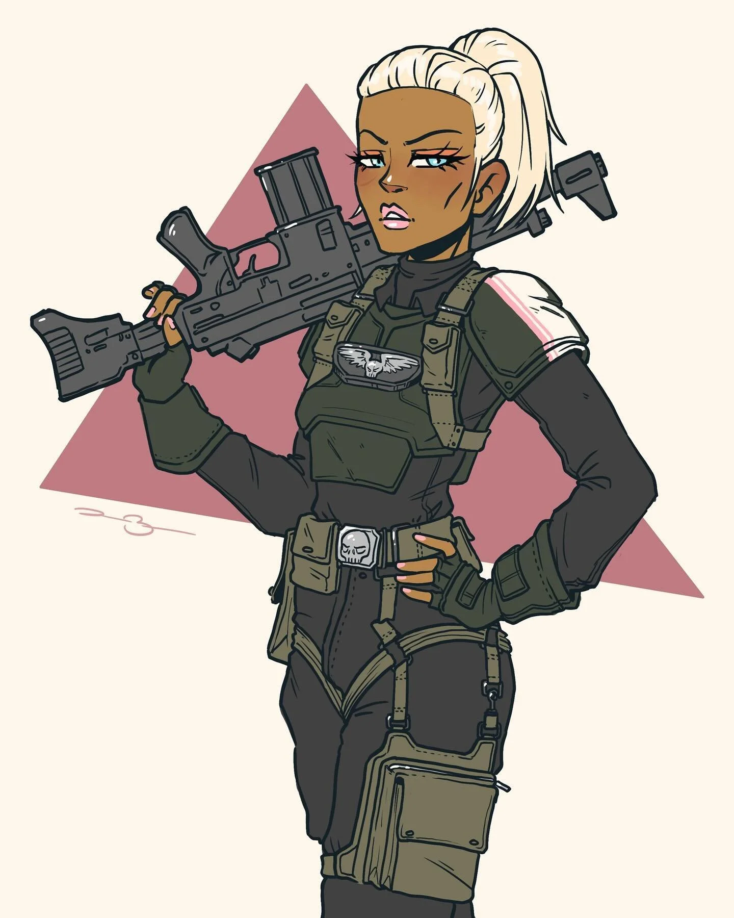 Guardsman Spliffany Shepherd. 🔫
-
She started as a joke Mass Effect 3 PC and quickly spiraled out of control. Now, she&rsquo;s gonna be my next #darkheresy character: a by-the-books hardass with a love of vindication and platinum hair dye. 
-
-
-
#a