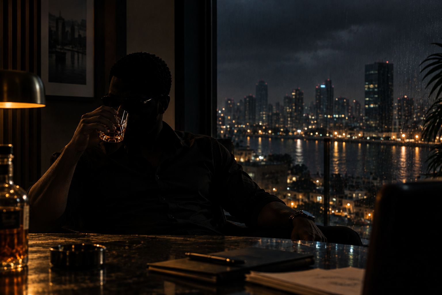 Dozy Agu seated in shadow with a glass, overlooking Lagos at night