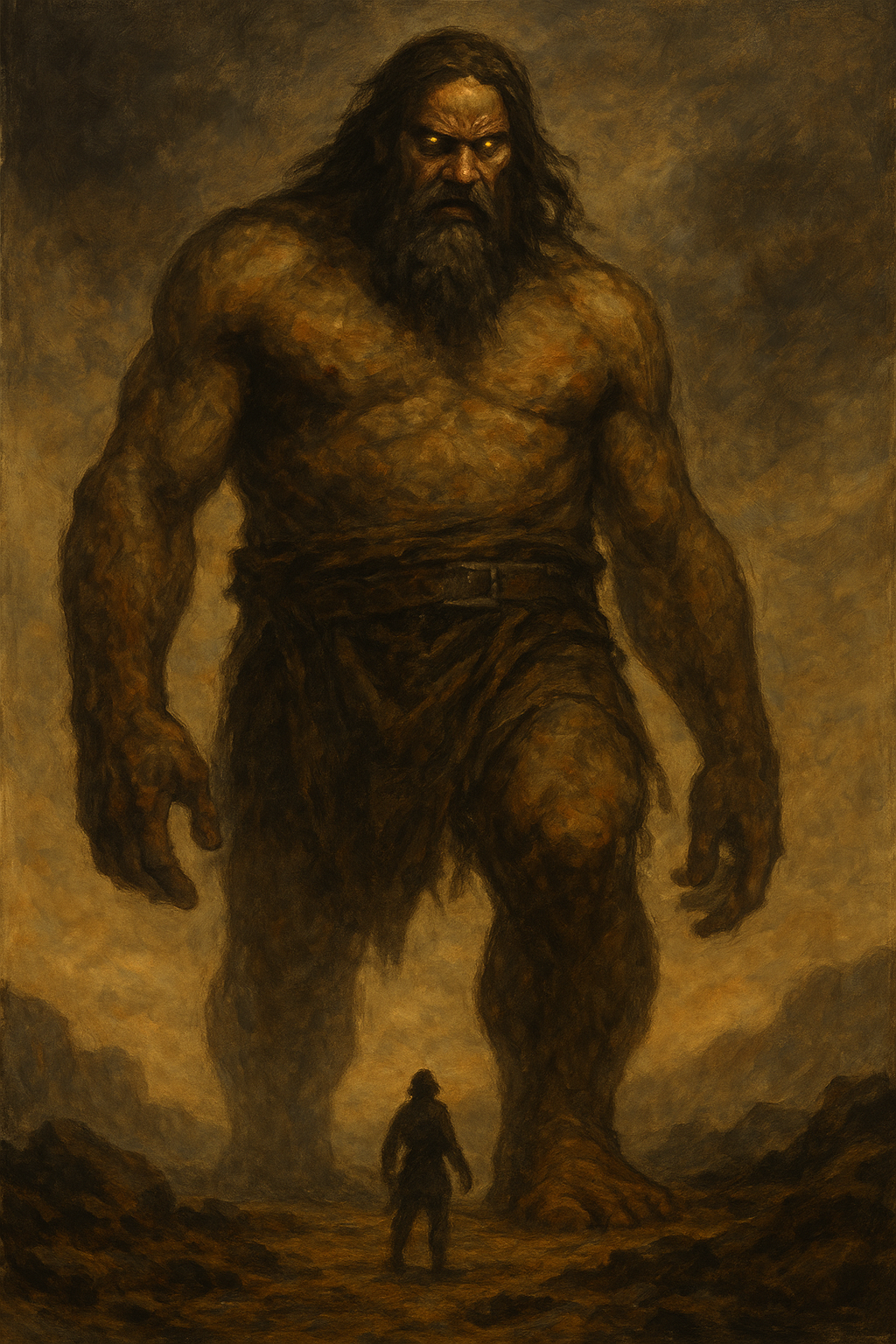 A towering Pesanta demon facing a human figure