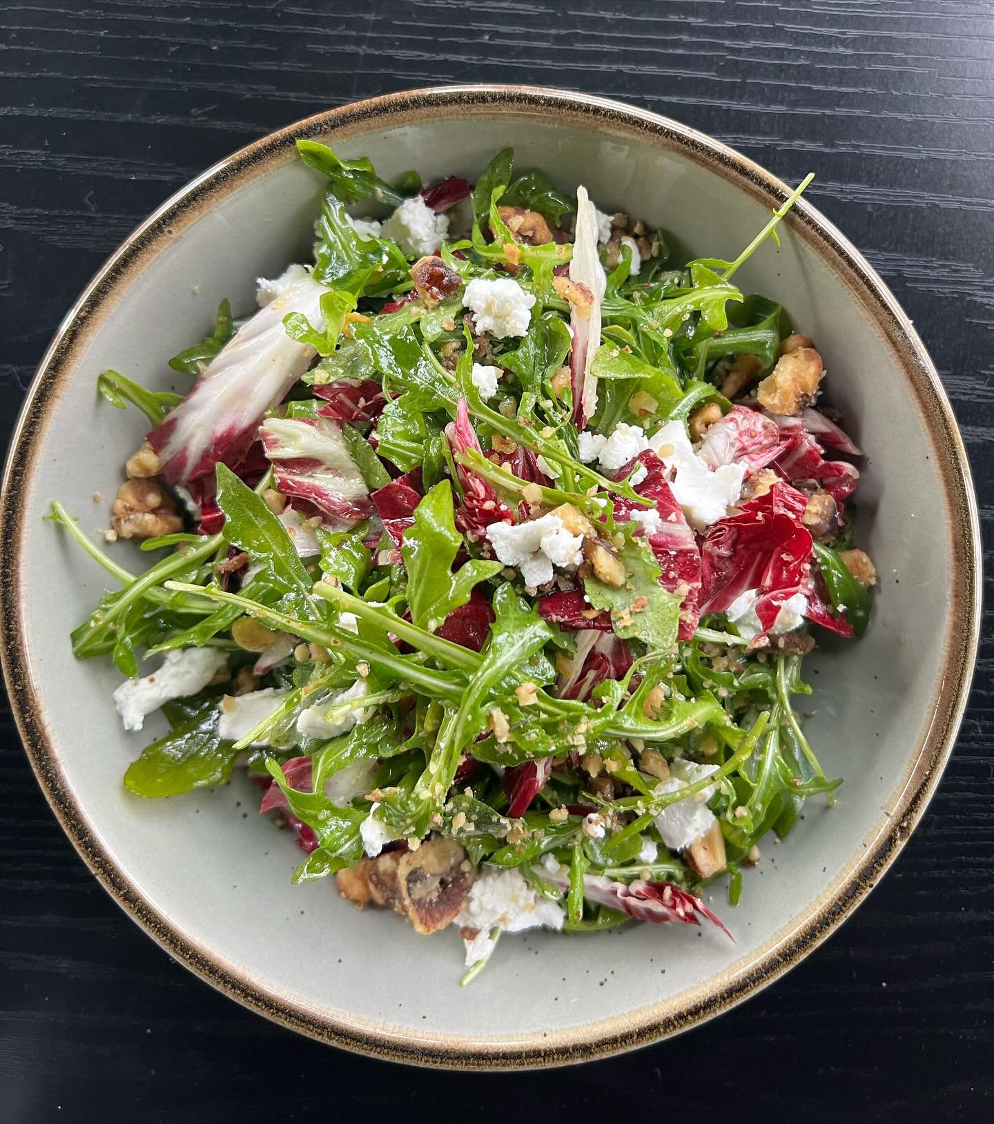 Spring in a bowl, the Arugula Salad, with Goat Cheese, Candied Walnuts, and White Balsamic Vinaigrette.