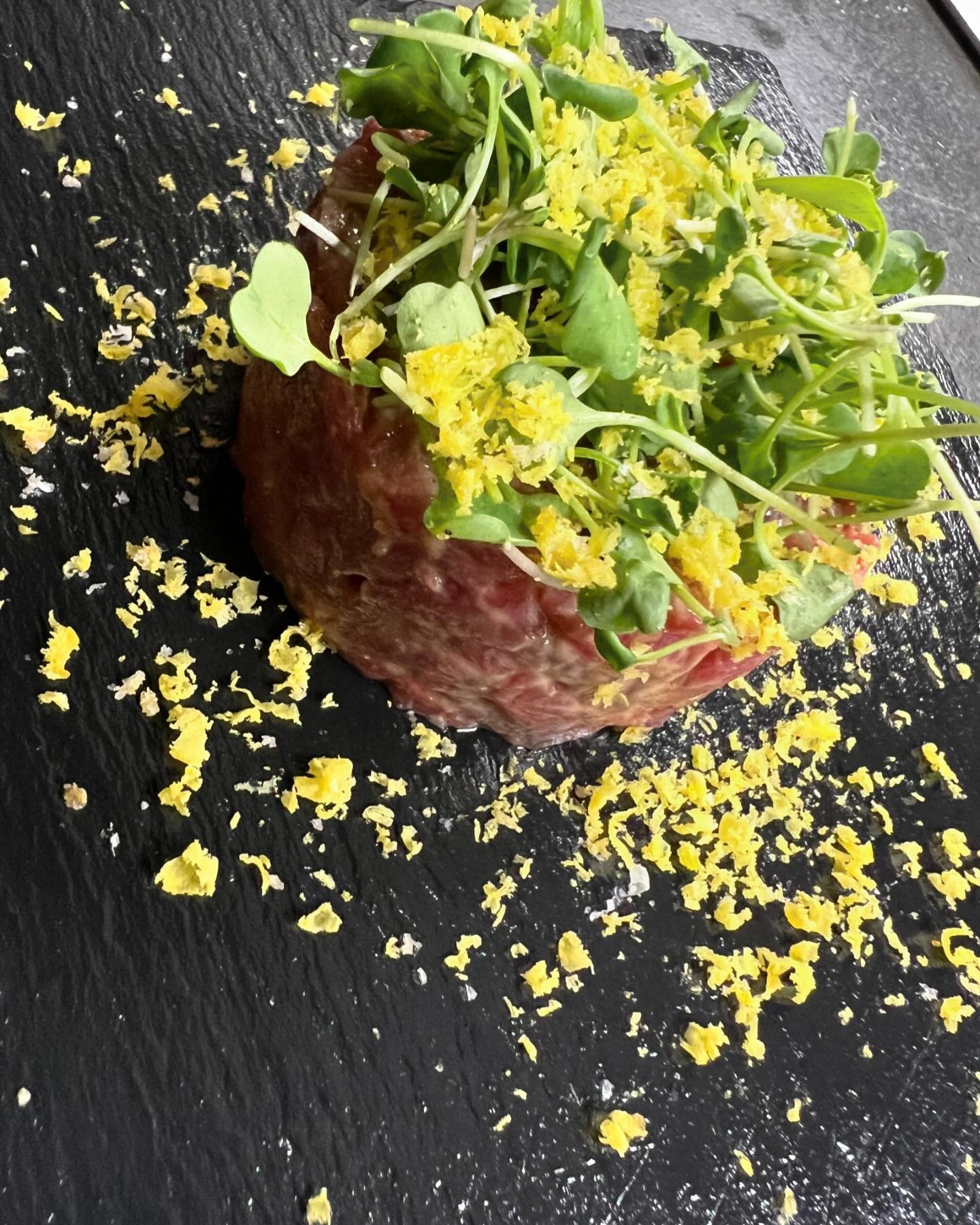 😋 Steak Tartare, made with New York Strip and Ribeye, topped with Shaved Balsamic Cured Egg Yolk.