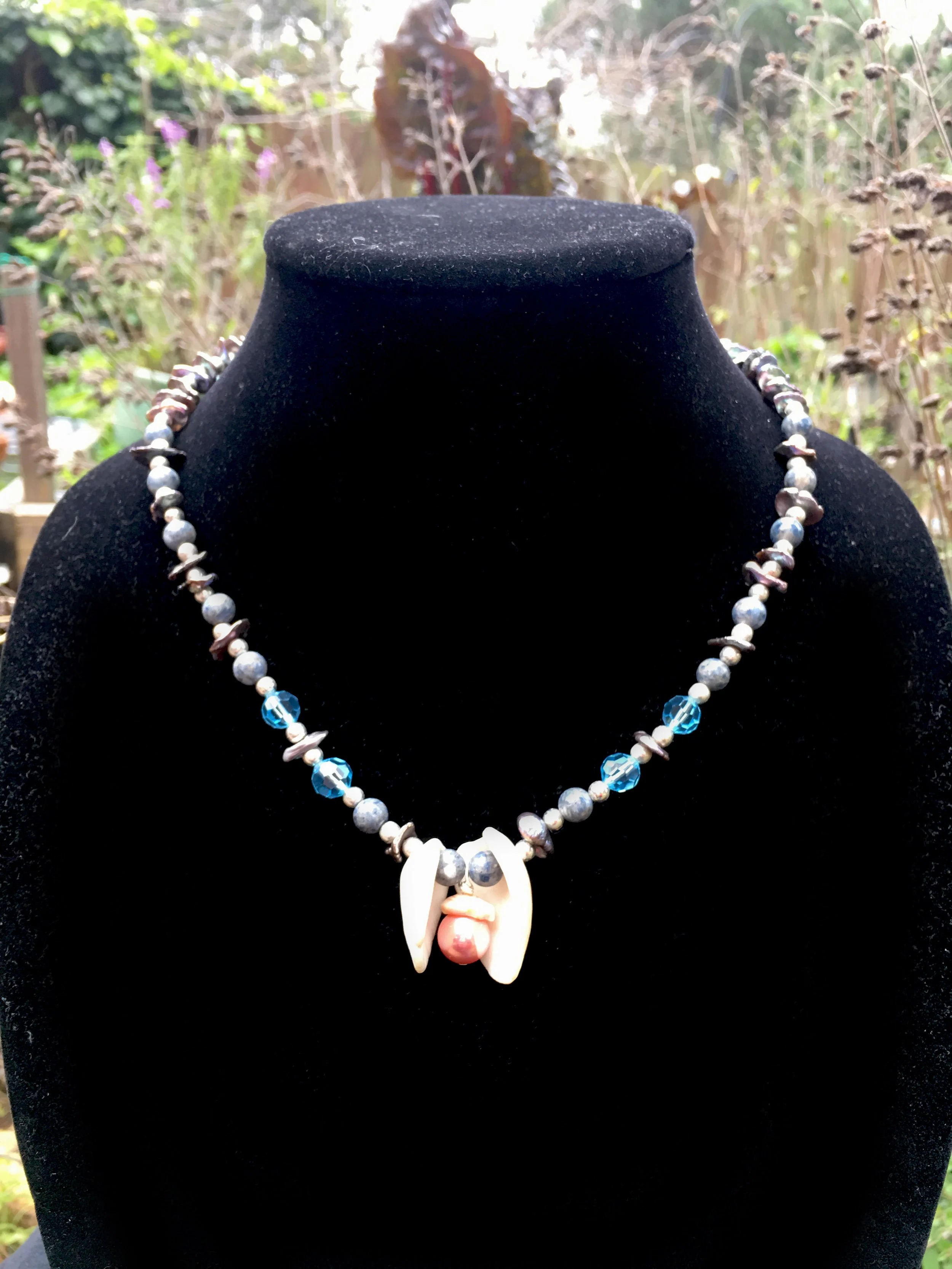 Mother Of Pearl, Pearls, Swarovski Crystals, &amp; Sponge Coral (includes earrings)