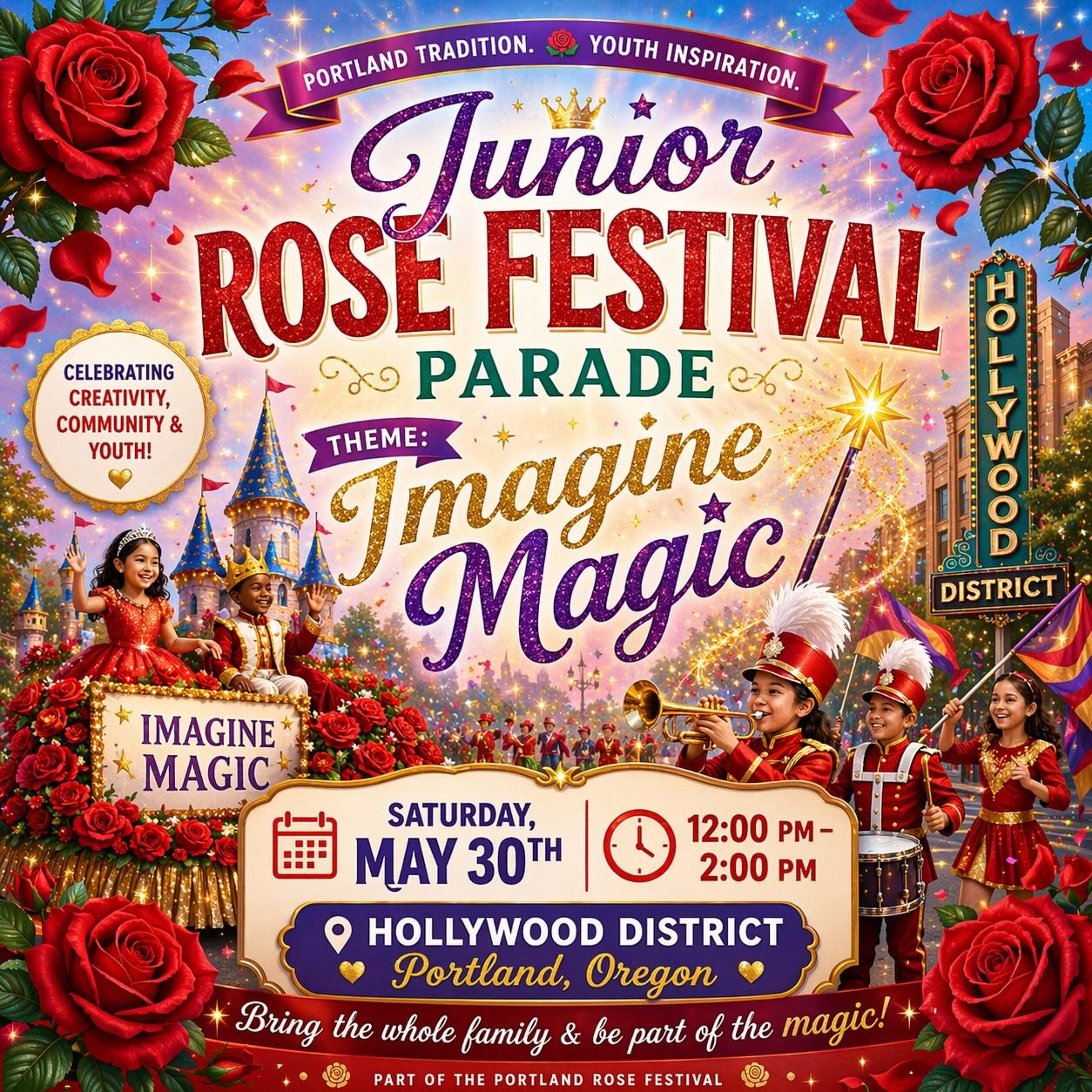 ✨ Let your imagination come to life! ✨

The Junior Rose Festival Parade is back, and this year&rsquo;s theme is Imagine Magic 🪄🌹

📅 Saturday, May 30th
⏰ 12:00 PM &ndash; 2:00 PM

Enjoy a fun-filled afternoon of creativity, community, and classic P