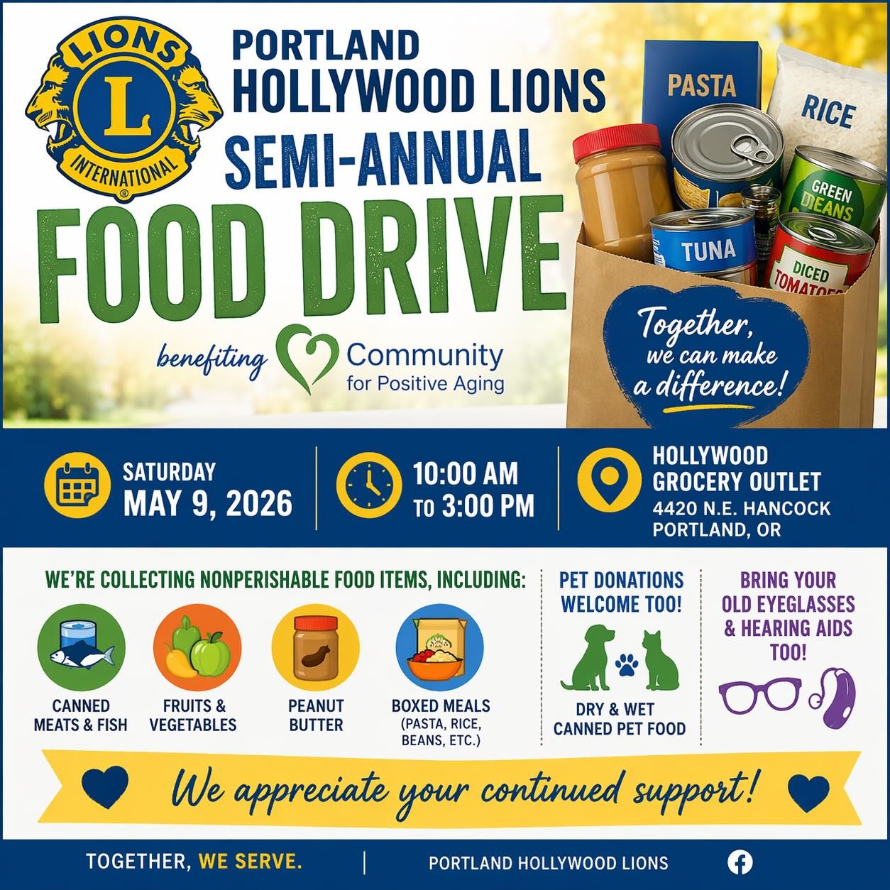 🌟 Join Us for the Portland Hollywood Lions Semi-Annual Food Drive! 🌟

The Portland Hollywood Lions Club is proud to host our upcoming food drive benefiting the Community for Positive Aging&mdash;and we&rsquo;d love your support!

📅 Saturday, May 9