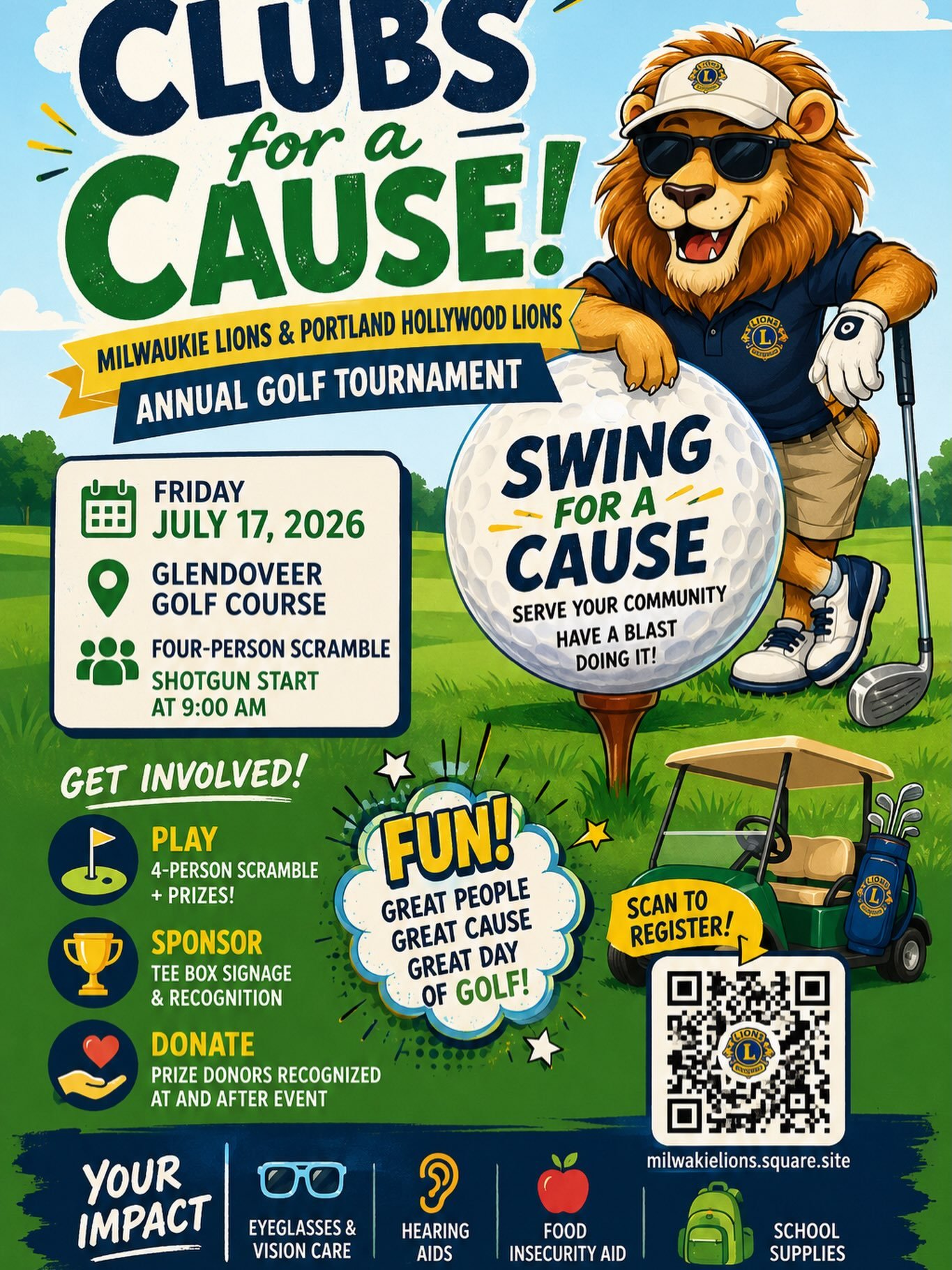 ⛳🦁 Clubs for a Cause is Back! 🦁⛳

Gather your foursome, dust off your clubs, and join us for a fantastic day of golf, community, and giving back!

The Milwaukie Lions and Portland Hollywood Lions are proud to present our annual Clubs for a Cause Go
