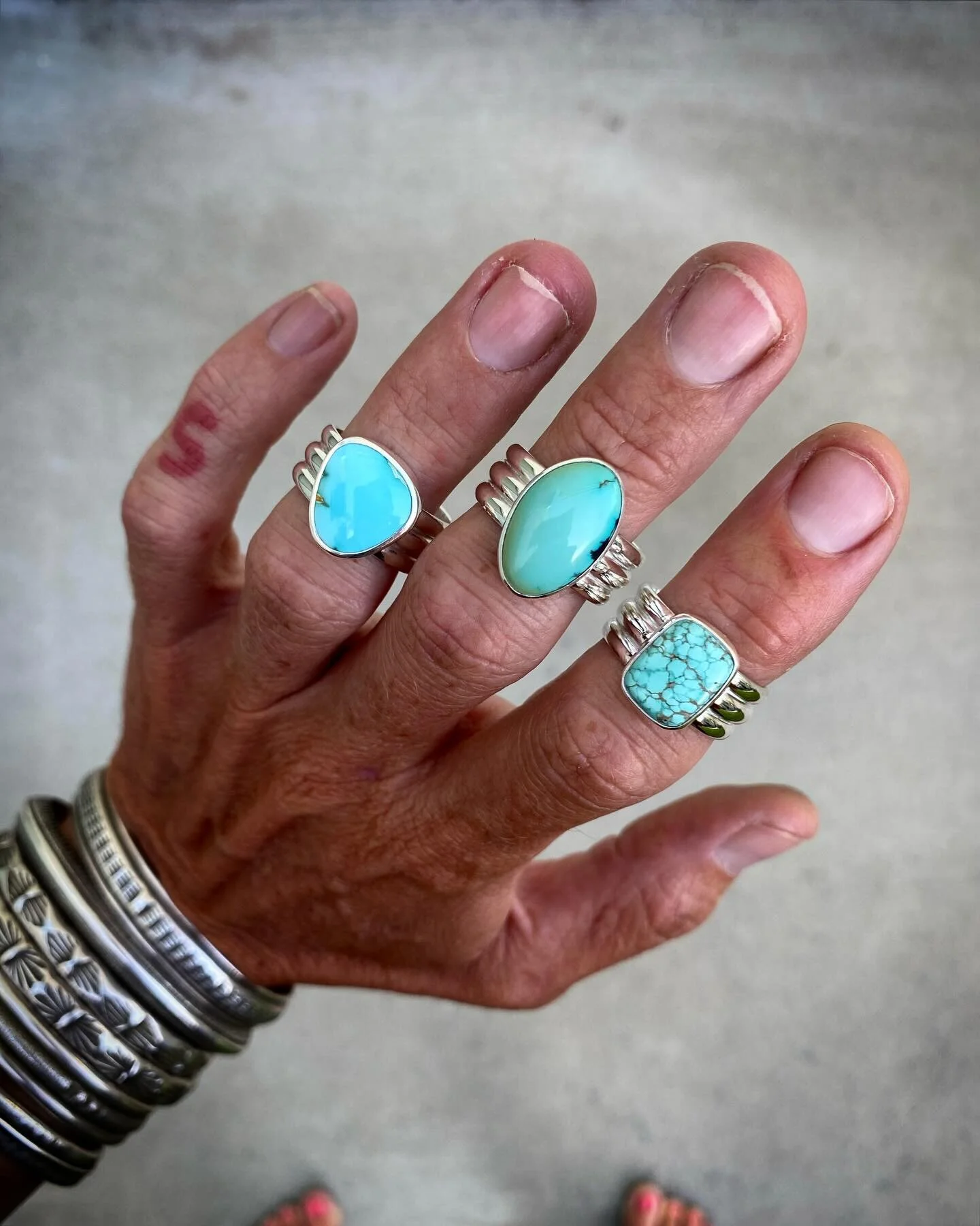 Turquoise Triple Wide Band Rings✨✨

Absolutely obsessed with this design at the moment! 
One of my favorite designs to showcase smaller show-stopper stones 🖤

Index - Carico Lake Turquoise - Available - Size 7.5
Middle - Lone Mountain Turquoise- Ava