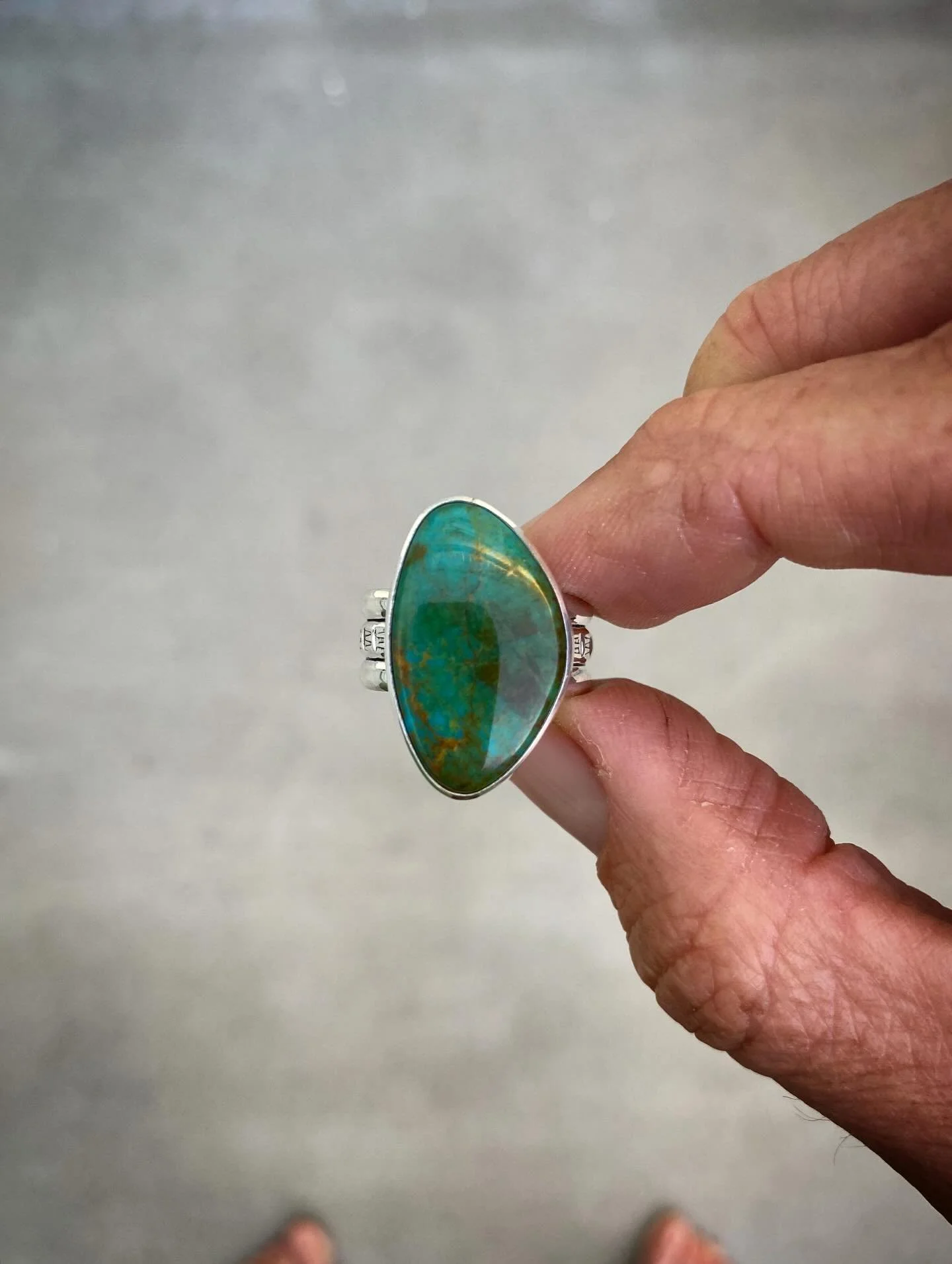 Kingman Turquoise Stamped Triple Wide Band Ring✨

It was a tough decision, but I chose to take this one from my stone stash so she could finally venture out to the world&hellip;.

This is the gemmiest cut of Kingman Turquoise. When the light hits it 