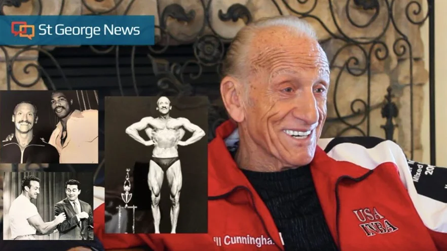 St. George resident and Former Mr. Universe Bill Cunningham at his home, Jan. 30, 2019. Inset photos of Cunningham with Ken Norton(top) and Regis Philbin (bottom) | Photo by Andrew Pinckney, St. George News