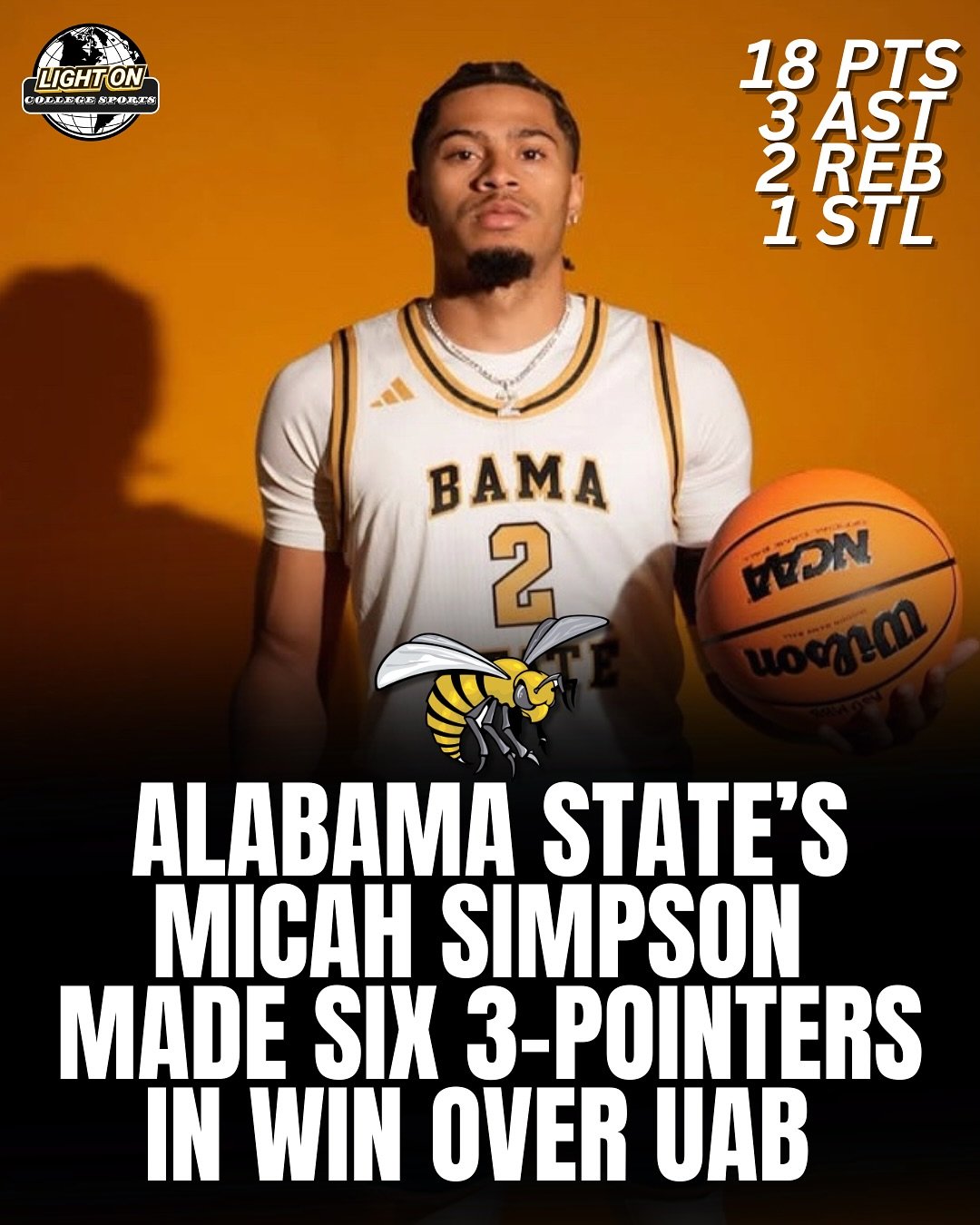 Alabama State&rsquo;s Micah Simpson made 6️⃣ three-pointers against UAB tonight 🔥🔥

18 PTS
3 AST
2 REB
1 STL 

#SWARMAs1 @bamastatembb