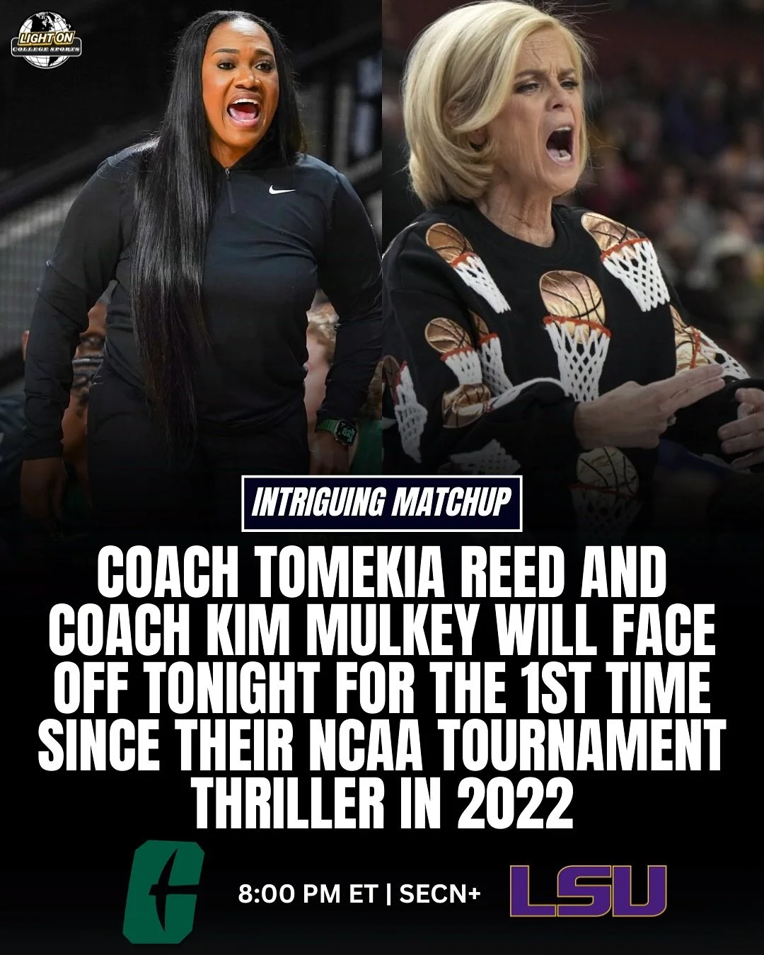 Coach Tomekia Reed and Coach Kim Mulkey will face off tonight for the 1st time since their 1st Round NCAA Tournament thriller in 2022 🍿🔥

Game time for Charlotte vs No. 5 LSU is 8:00 PM ET on SECN+.

Back in March 2022, Coach Reed and Jackson State