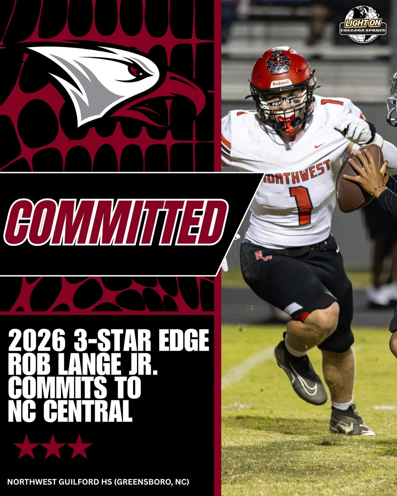 NC Central lands a commitment from Rob Lange Jr., a 2026 3-Star Edge out of Greensboro, NC! 🦅🔥

He held offers from Arkansas, Mississippi State, Georgia Southern, JMU, and more.

#EaglePride @theroblange1