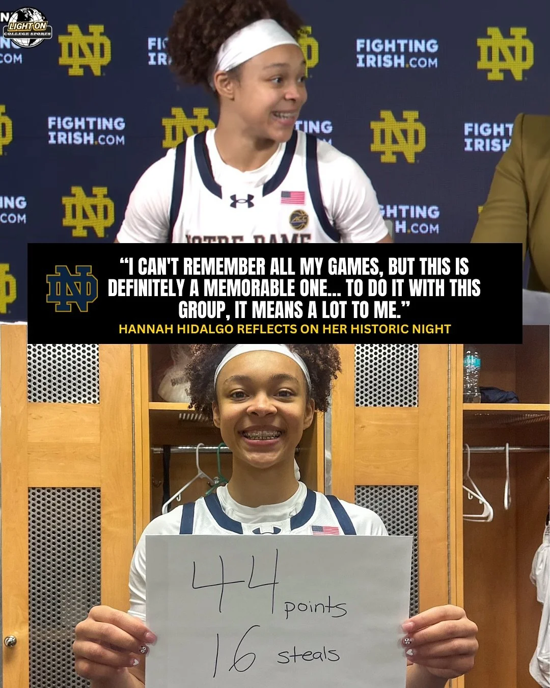 Notre Dame&rsquo;s Hannah Hidalgo was asked if tonight was the best game she ever played. 

Her response: &ldquo;I can&rsquo;t remember all my games, but this is definitely a memorable one. And to do it with this group, it means a lot to me.&rdquo;

