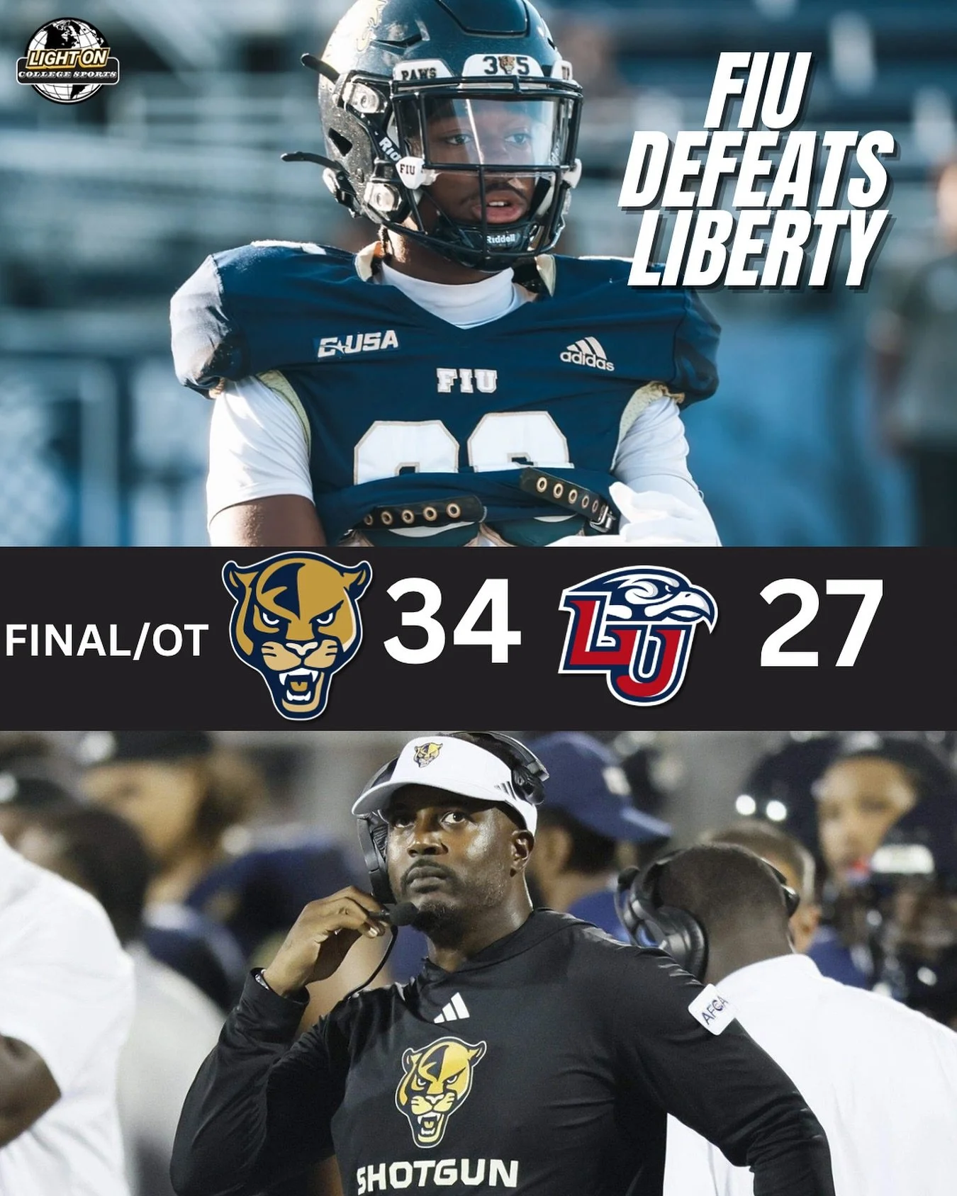 FIU defeats Liberty in overtime! 🐾

Coach Willie Simmons and the Panthers are one win away from becoming bowl eligible 👀

#PawsUp @fiu.football