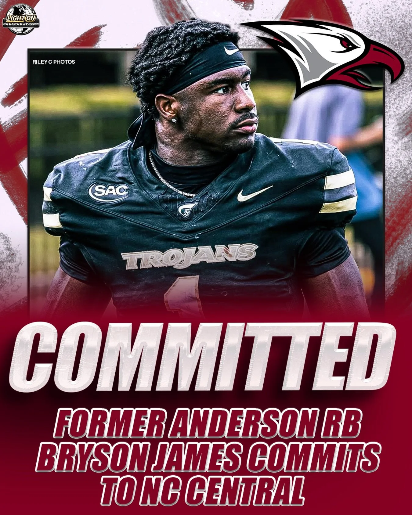 Former Anderson (D2) running back Bryson James has committed to NC Central. 🦅

He totaled 1,023 rushing yards and 8 touchdowns over the course of two seasons with the Trojans.

#EaglePride 

📷: @riley.c.photos