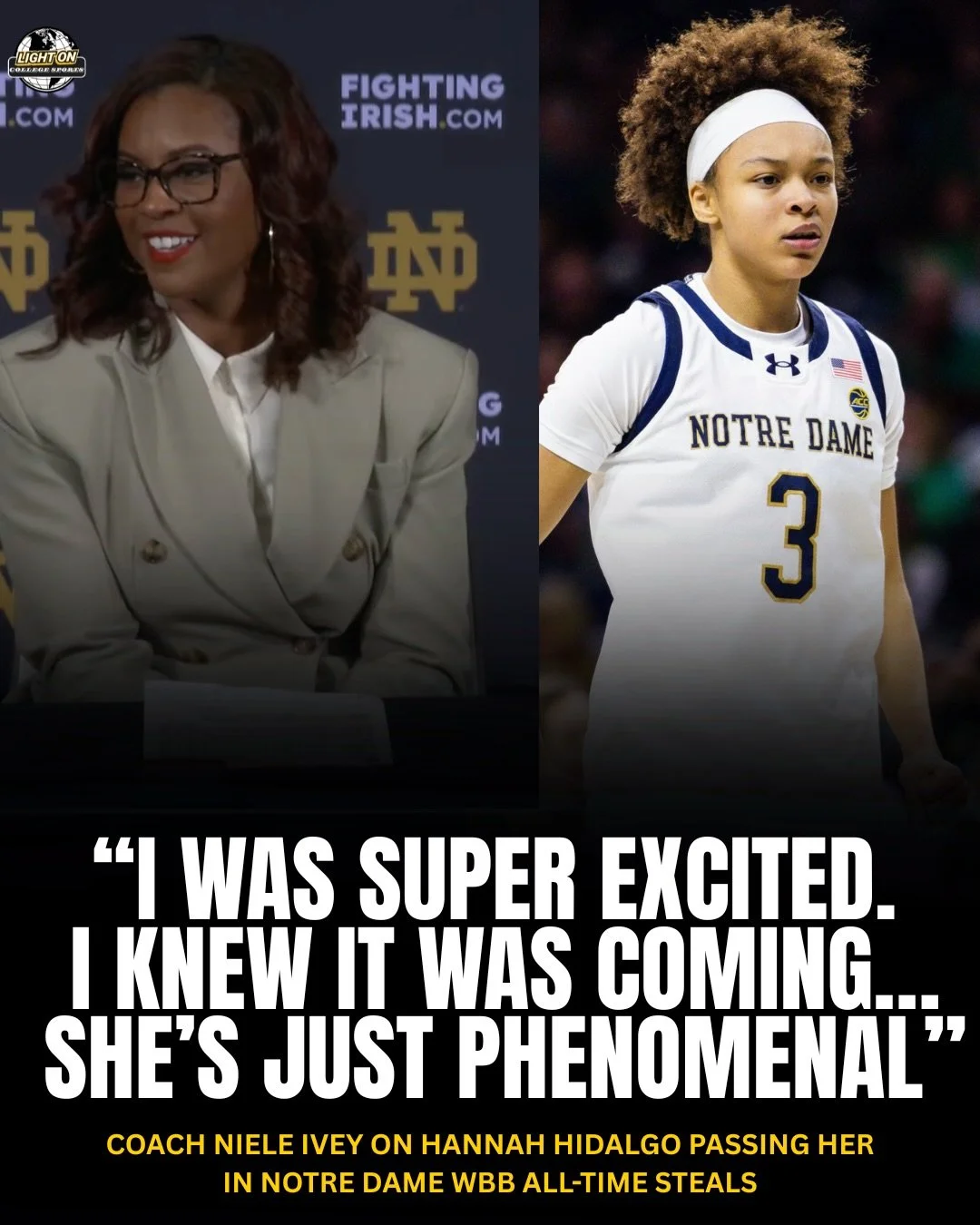 Hannah Hidalgo passed her head coach, Niele Ivey, in Notre Dame women&rsquo;s basketball all-time steals, moving to 2nd behind Skylar Diggins.

Coach Ivey spoke about Hidalgo surpassing her:

&ldquo;I was super excited. I knew it was coming&hellip; B