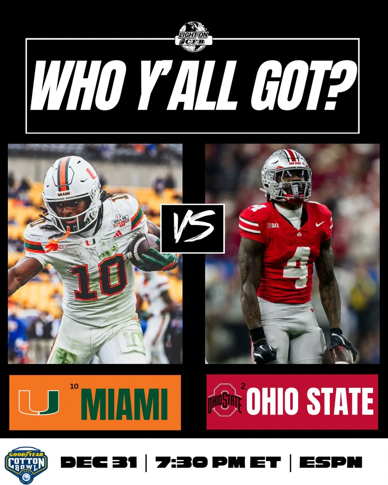 Miami and Ohio State will face off in the Cotton Bowl tonight. 🍿

The winner advances to College Football Playoff Semifinals. 👀

Who y&rsquo;all got?