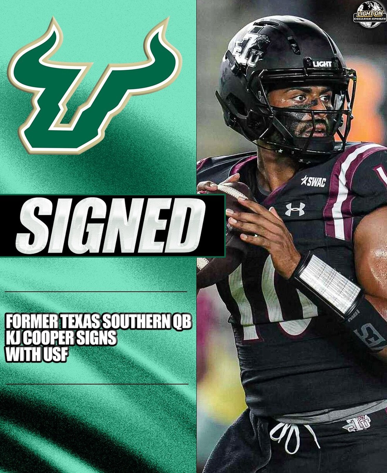 Former Texas Southern QB KJ Cooper has signed with USF. 🤘

He recorded 1,626 passing yards, 292 rushing yards, and 17 total touchdowns in 2025. 

@kj.coop