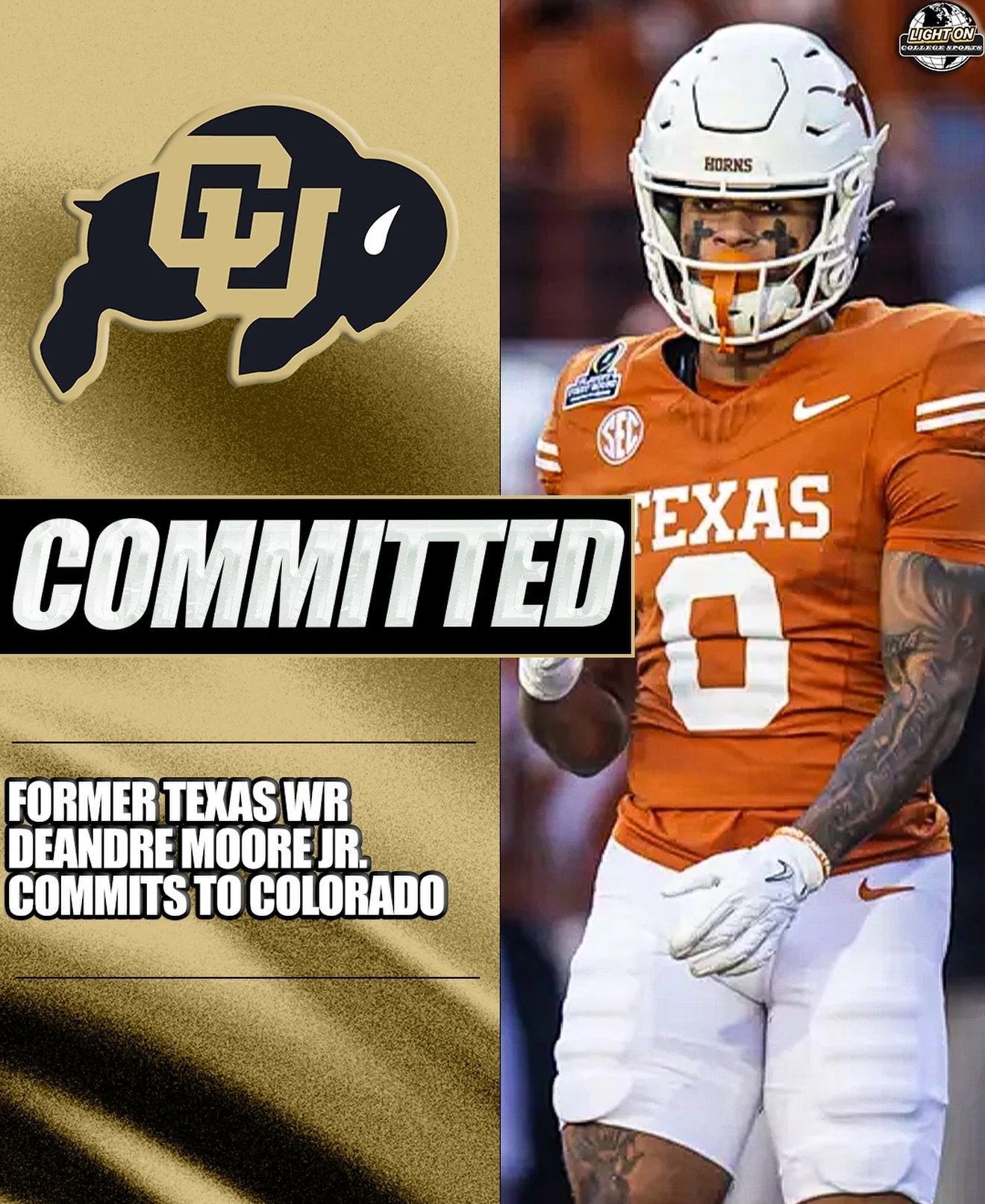 Former Texas wide receiver DeAndre Moore Jr. has committed to Colorado. 🦬

He recorded 38 receptions, 532 receiving yards, and 4 touchdowns in 2025.

#SkoBuffs

📸: Jerome Miron