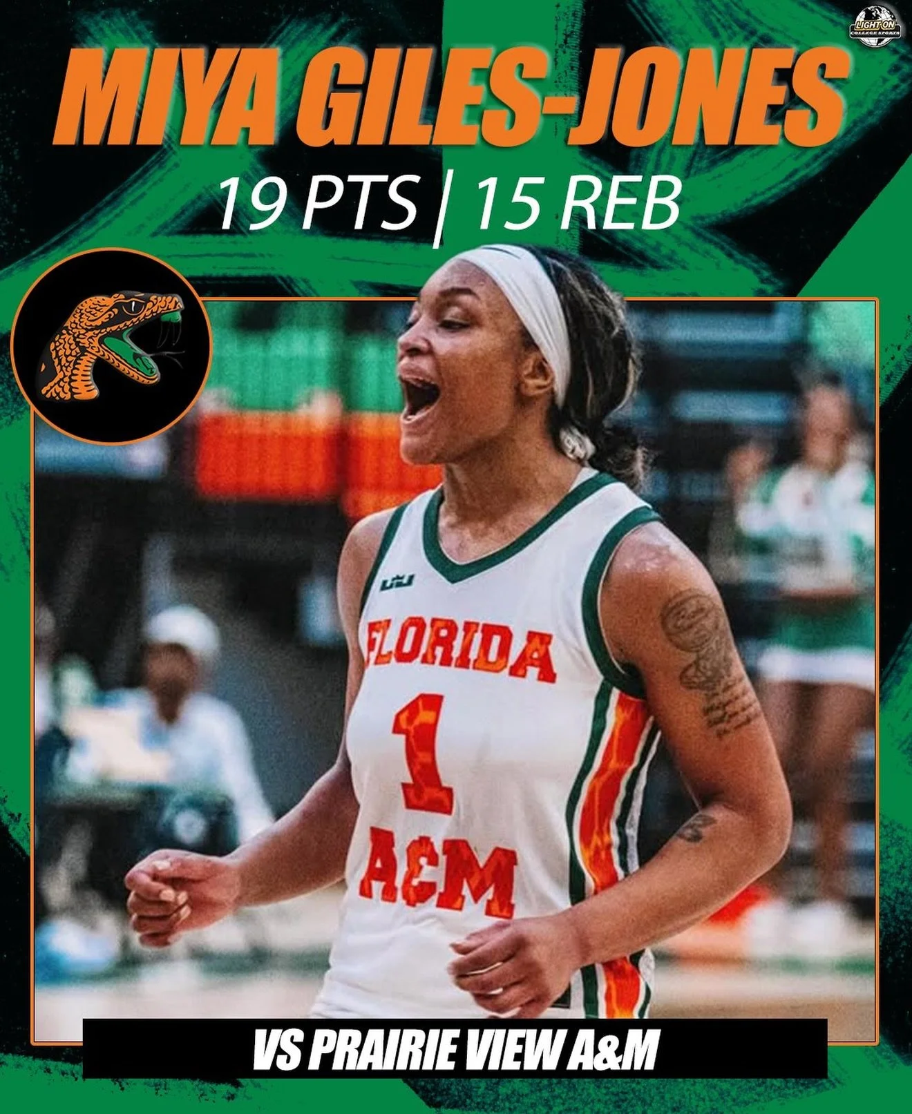 FAMU forward Miya Giles-Jones recorded a double-double in tonight&rsquo;s win over Prairie View A&amp;M. 🐍

19 PTS
15 REB
1 AST

@famuwbb