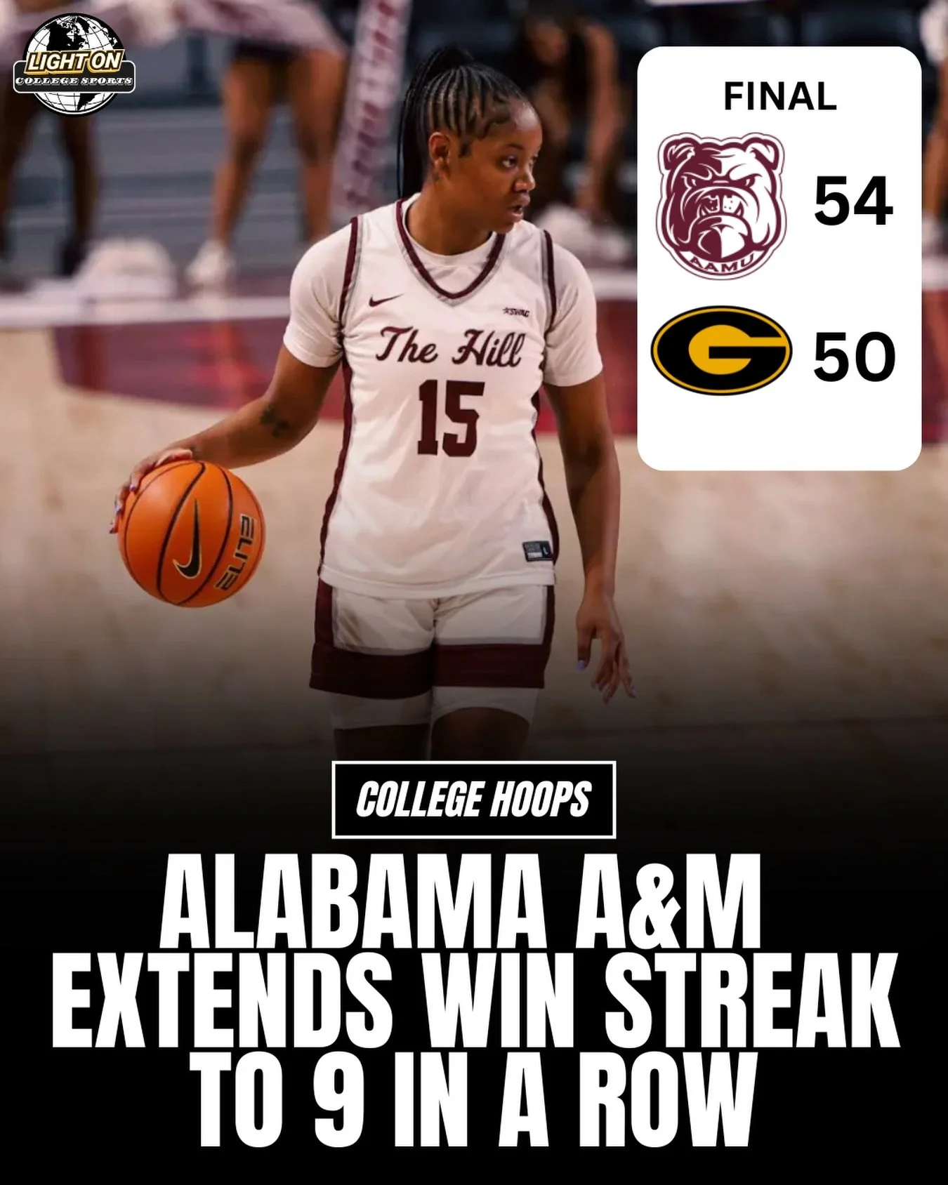 Alabama A&amp;M defeats Grambling State 54-50, securing its 9th win in a row. 🐶

The Lady Bulldogs are 9-1 in SWAC play. 📈

@aamuwbb