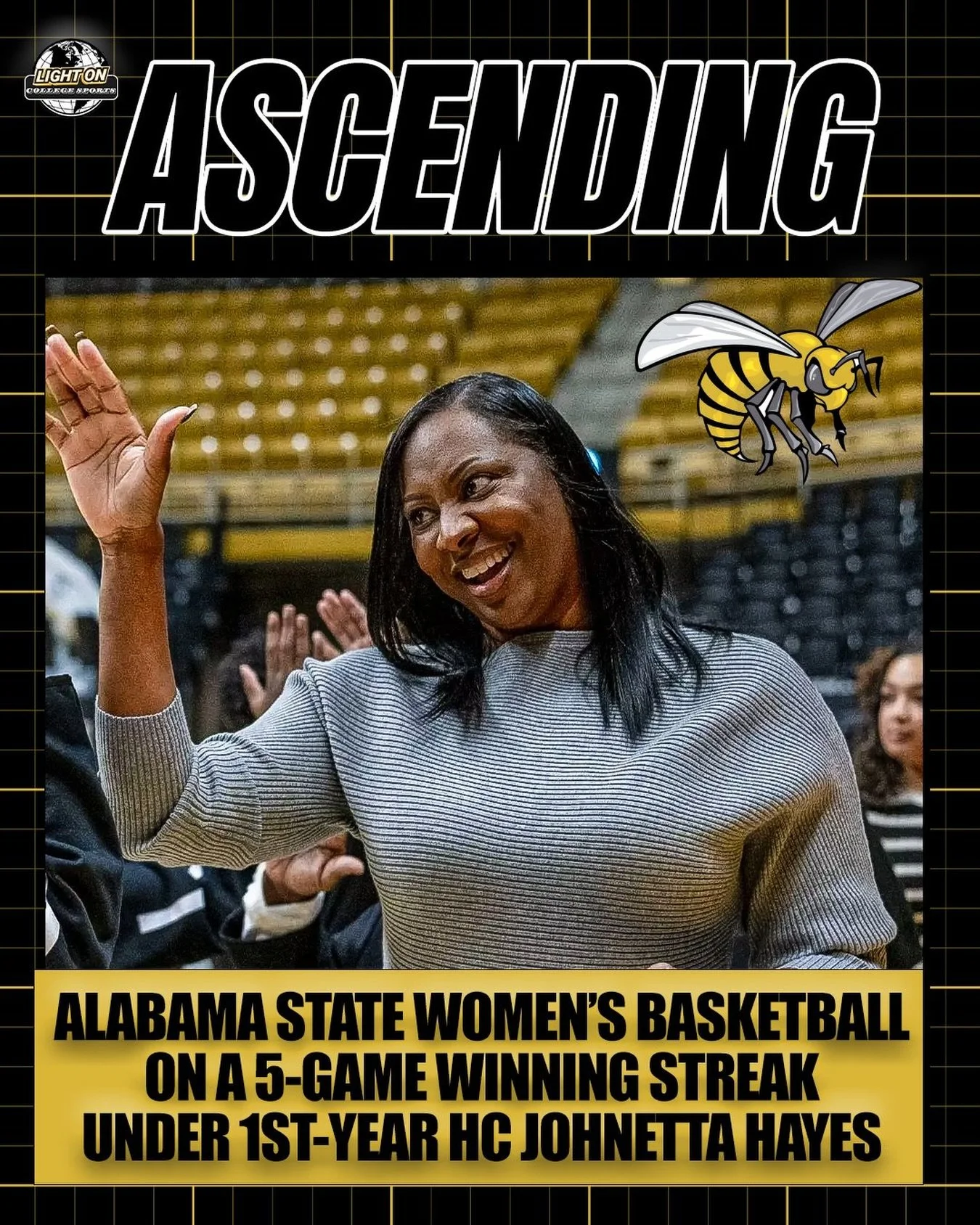 Alabama State women&rsquo;s basketball first-year head coach Johnetta Hayes has guided her team to a 5-game winning streak. 📈

The Hornets are in 3rd place in the SWAC with a 7-3 conference record. 🐝

@bamastatewbb
