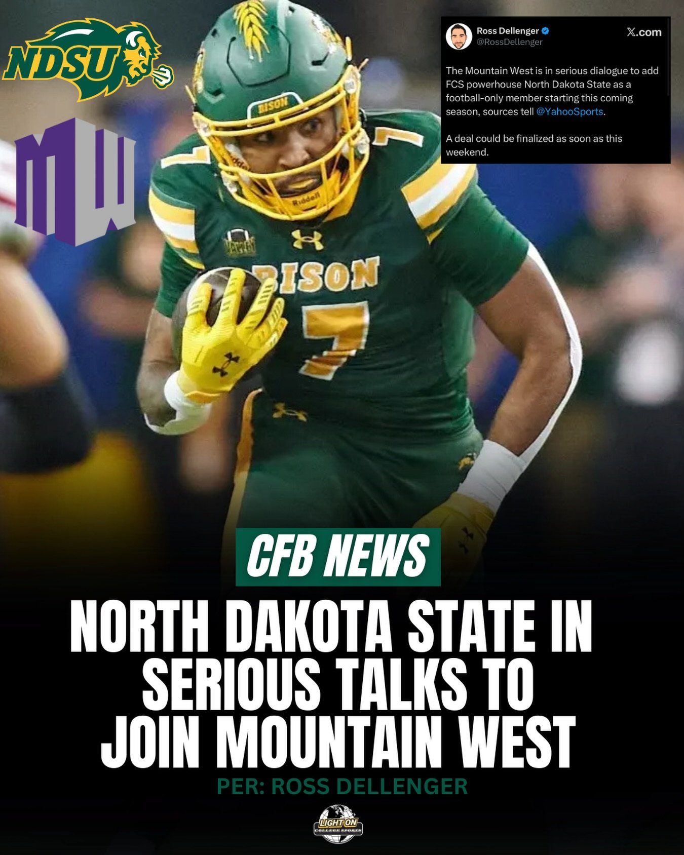 FCS powerhouse North Dakota State is in serious talks to join the Mountain West as a football-only member, per @ross_dellenger.