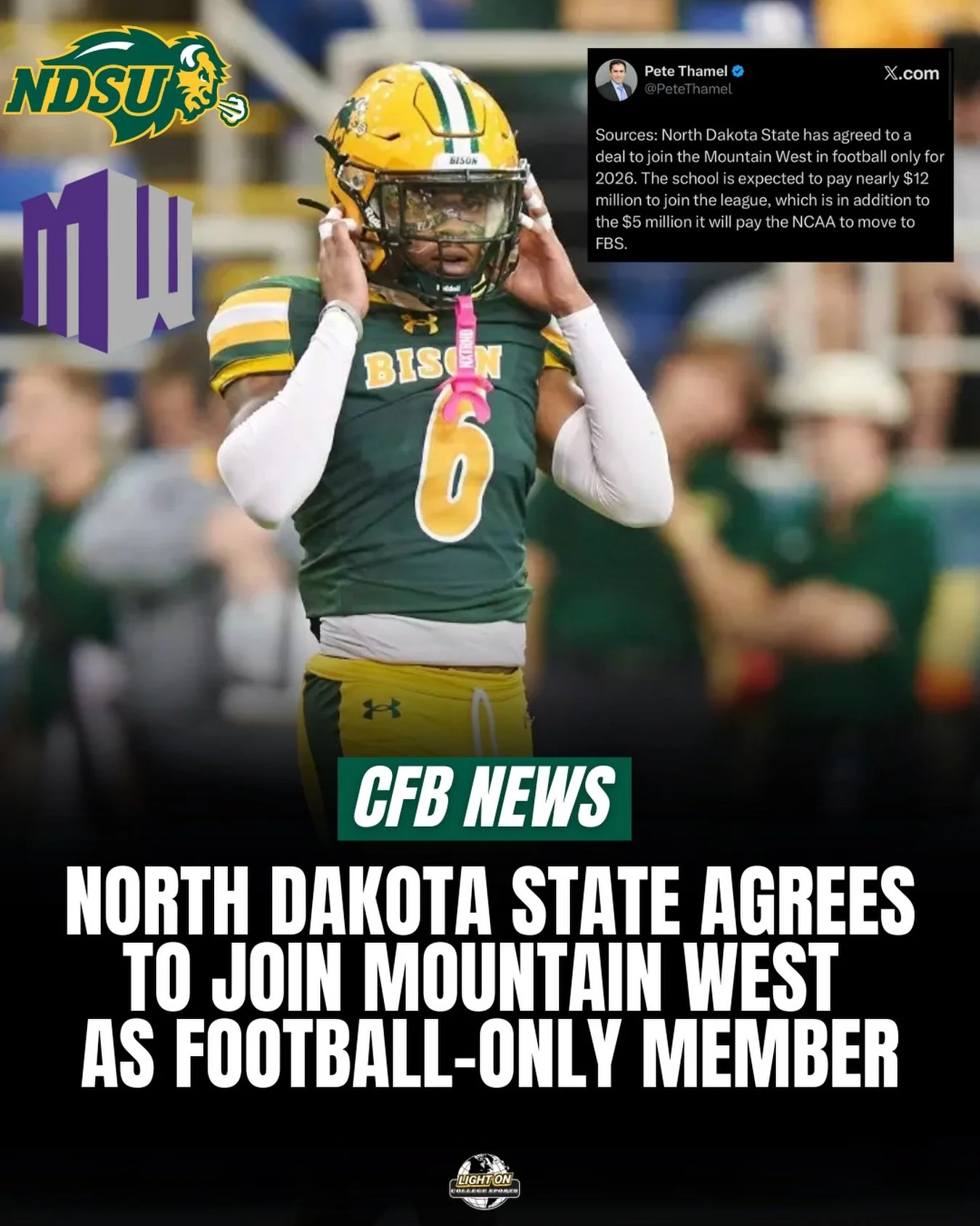 FCS powerhouse North Dakota State has agreed to join the Mountain West Conference as a football-only member, per @petethamel.

The Bison will make an immediate transition to FBS for the upcoming 2026 season.

NDSU won 10 national titles as an FCS mem