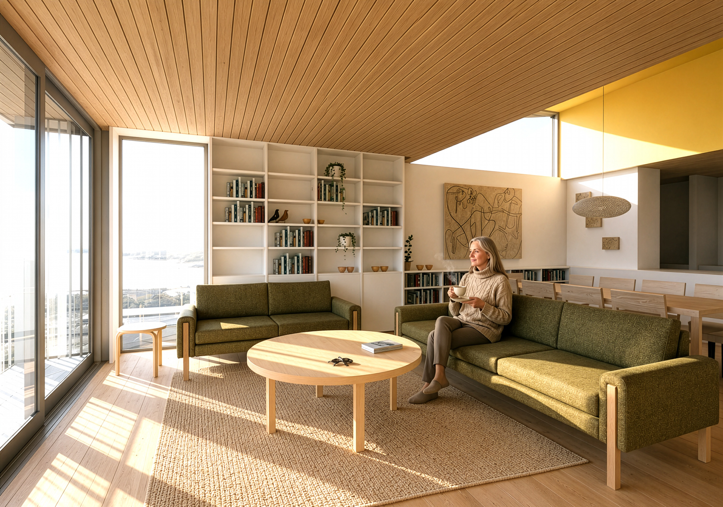 Open-plan living room with timber ceiling and harbour views, Garden House,  Brooklyn ,Wellington — Lovell and O'Connell Architects, LO'CA