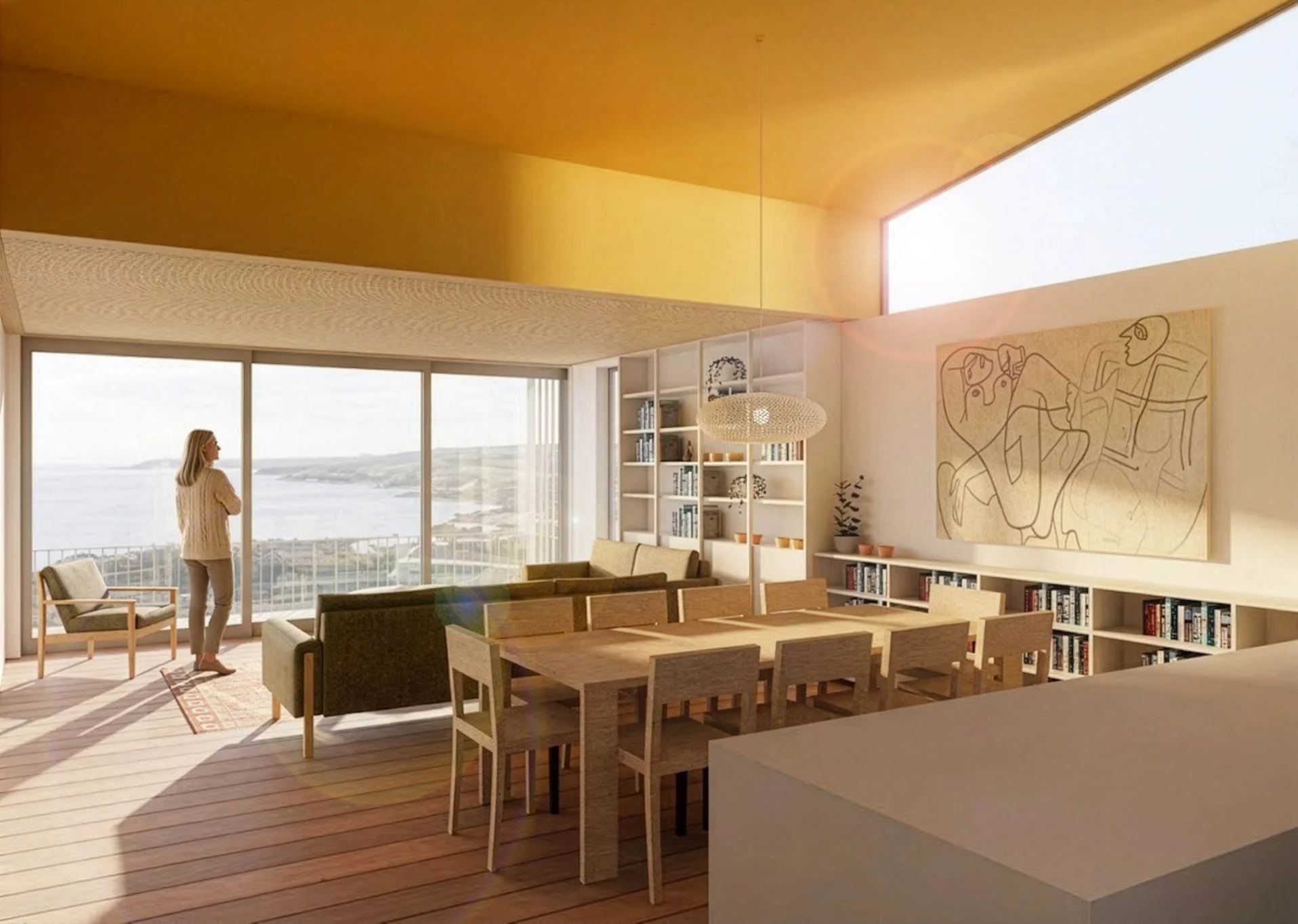 Dining room with long timber table and Wellington harbour view, Garden House in Brooklyn by Lovell and O'Connell Architects, LO'CA