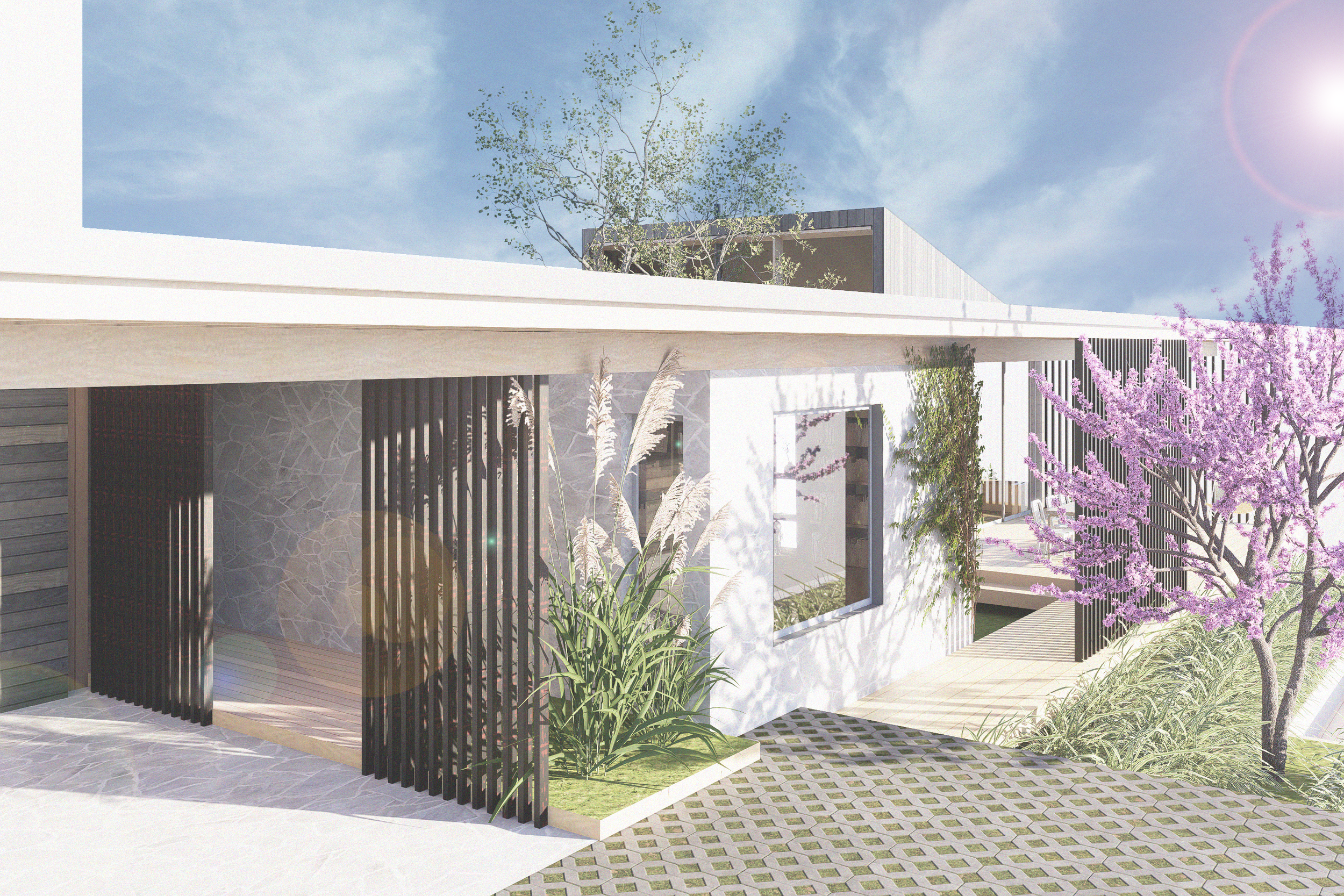 View of entry and clerestory of Wanaka Infill House and new home design by Wellington and Wanaka based Lovell and O'Connell Architects, LOCA