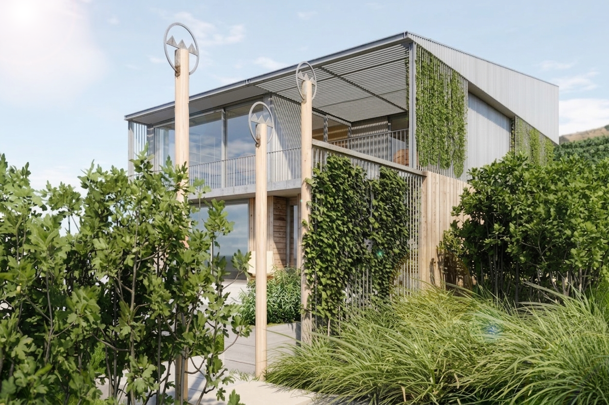 Timber entry detail with carved posts and planted trellis, Garden House, Brooklyn, Wellington