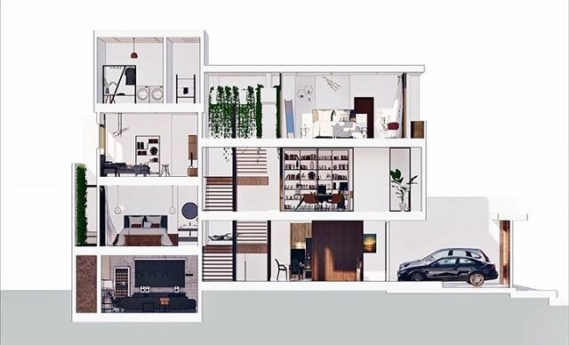 Casa Knize section perspective 📐

The design layout follows the concept of being split in two, where one section of the house is half a level higher than the other. This allows a direct interaction between all spaces, including exterior areas. .

#a