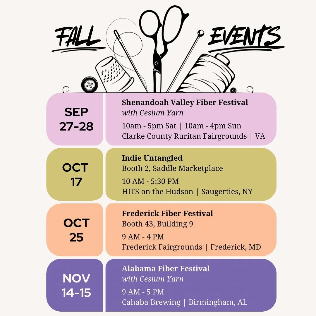 Updated with our booth information for our upcoming October events with @indieuntangled and @frederickfiberfest 🧶

Need more info? Head to our events page (link in bio). 
Can't wait to show you all the beautiful things we've been making! 🧵

#stashs