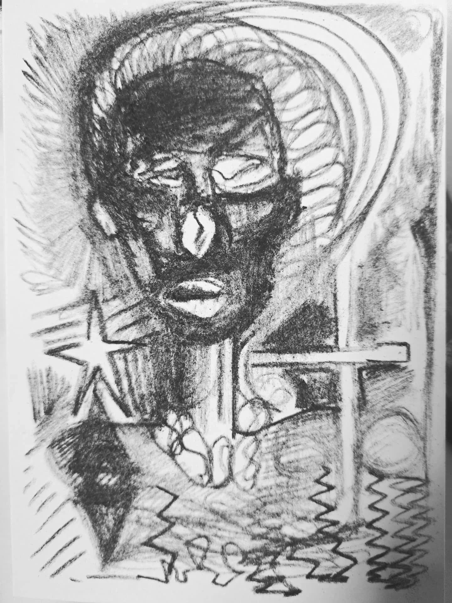 Sketching, becomes story-making. 
From unconscious places, spirits make themselves known. Inner nature, finding it's way through.
The Orishas touching me from a place of dream-like-somatic-reality that is simply unexplainable other than understanding