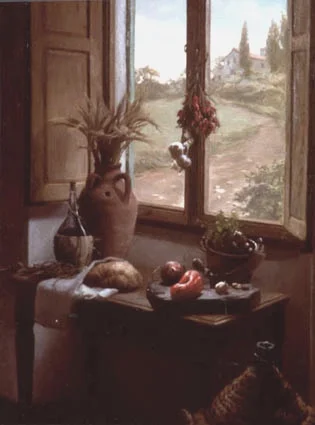 Still Life with a View oil on canvas cm. 80 x 68 1999 SOLD