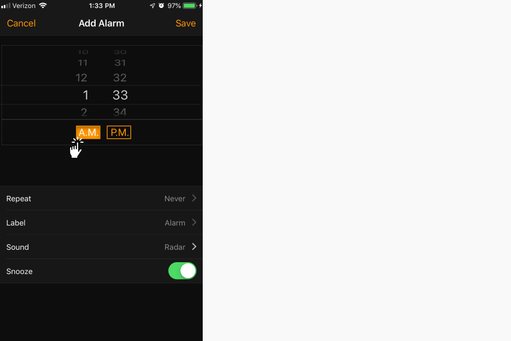 Proposed Visual Feedback When a Time of Day (e.g. A.M./P.M.) Has Been Selected