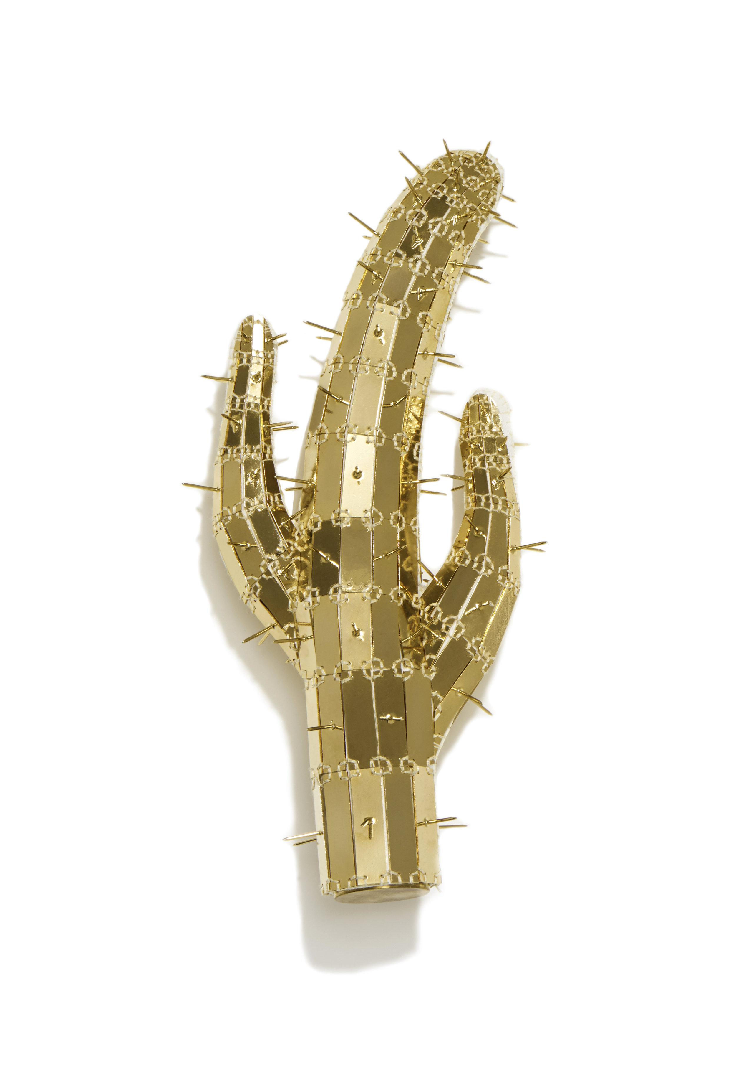   18K Saguaro Cactus Brooch   Gold-Plated Brass, Nickel, Cotton, Polyester, Thread  10”x5”x1.5”  April 2015    Photo by Ian Shiver 