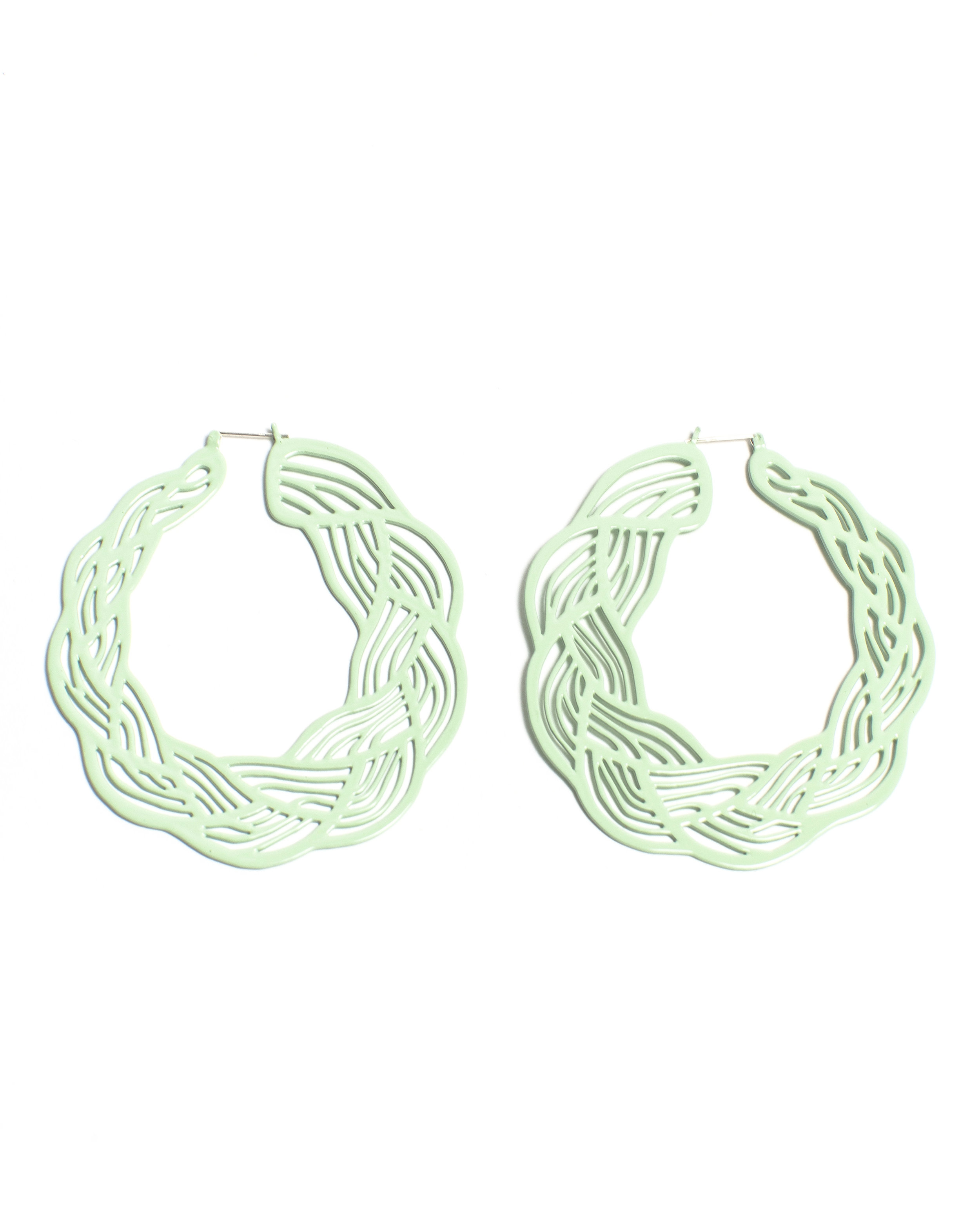   Pastel Braid Hoops   Powder-Coated Brass, Sterling Silver  3”x3”x.25”  (Mint Green, Pastel Purple, Pastel Pink)    Photo by Harry Gould Harvey 