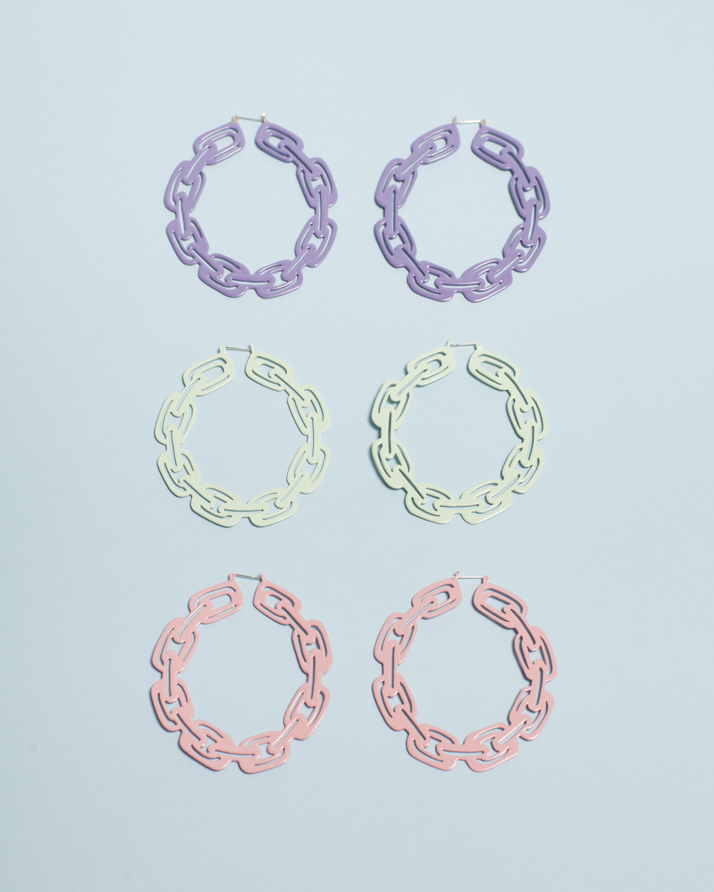   Pastel Chain Hoops   Powder-Coated Brass, Sterling Silver  3”x3”x.25”  (Mint Green, Pastel Purple, Pastel Pink)    Photo by Harry Gould Harvey 