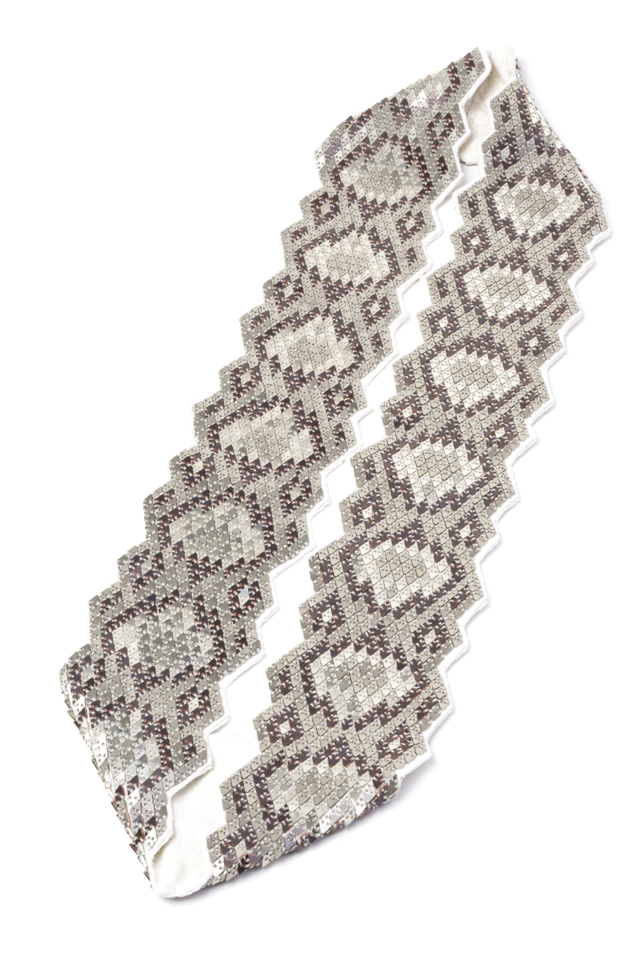   Silver Snakeskin Necklace   Silver, Nickel, Oxidized Copper, Raw Silk, Cotton, Thread  20”x8”x.25”  2015    Photo by Jordan Baumgarten 